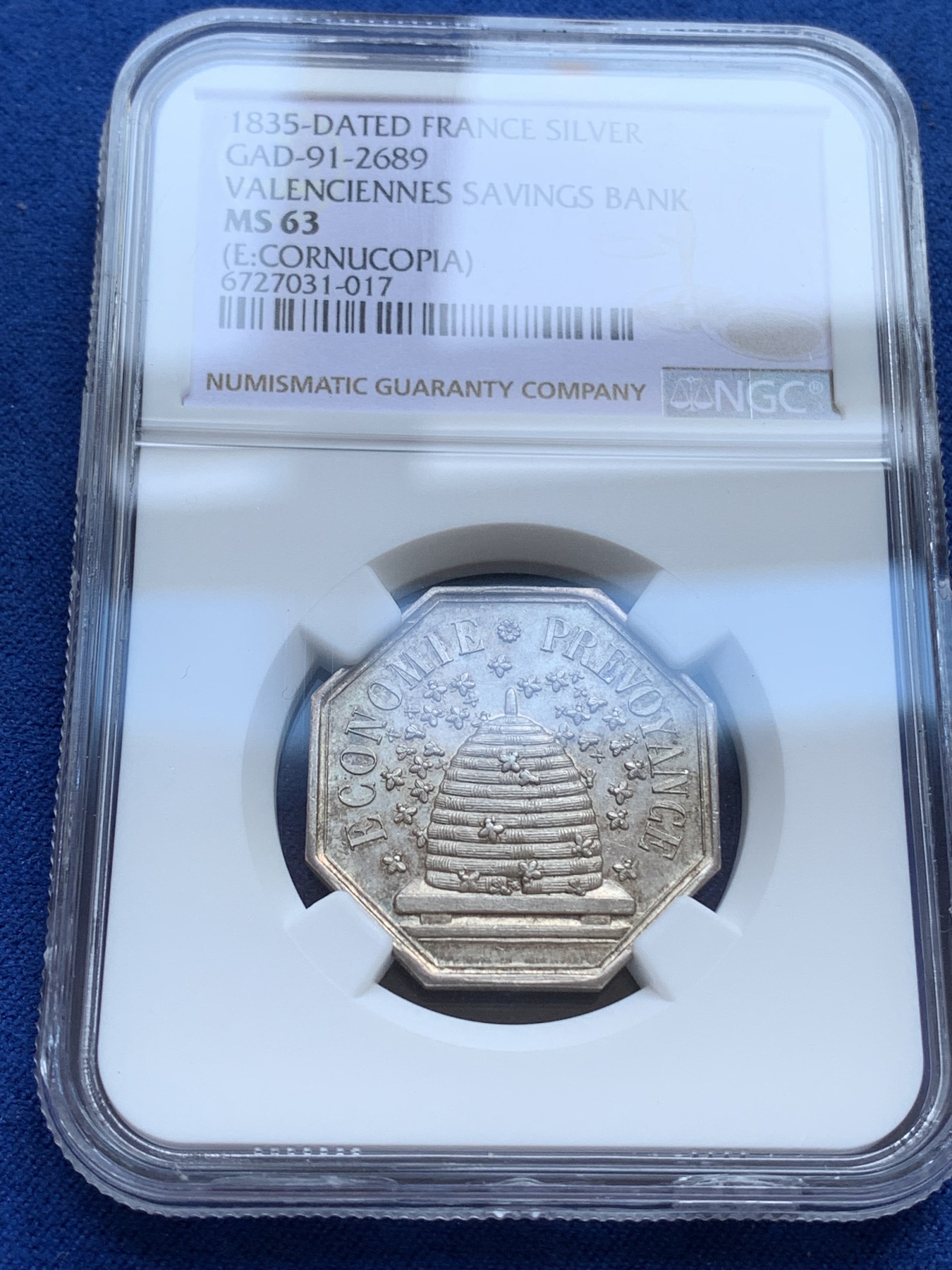 《竞宝斋》第215场-周日，周一 2场 (全场包邮) NGC MS63 法国 1835 瓦伦西亚储蓄银行 八角银质代币