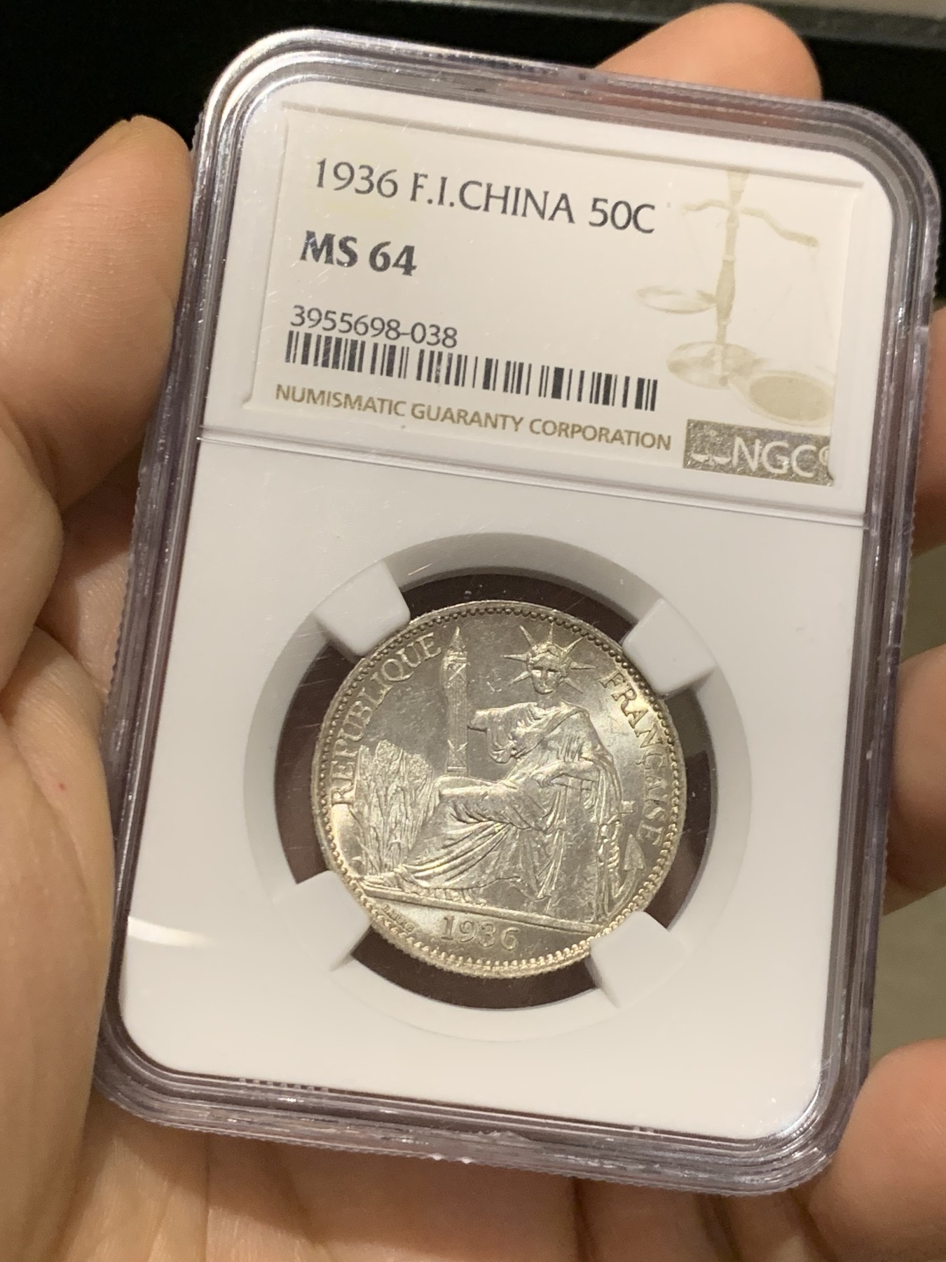 《竞宝斋》第215场-周日，周一 2场 (全场包邮) NGC MS64 法属印支 1936年 50分 淡彩包浆