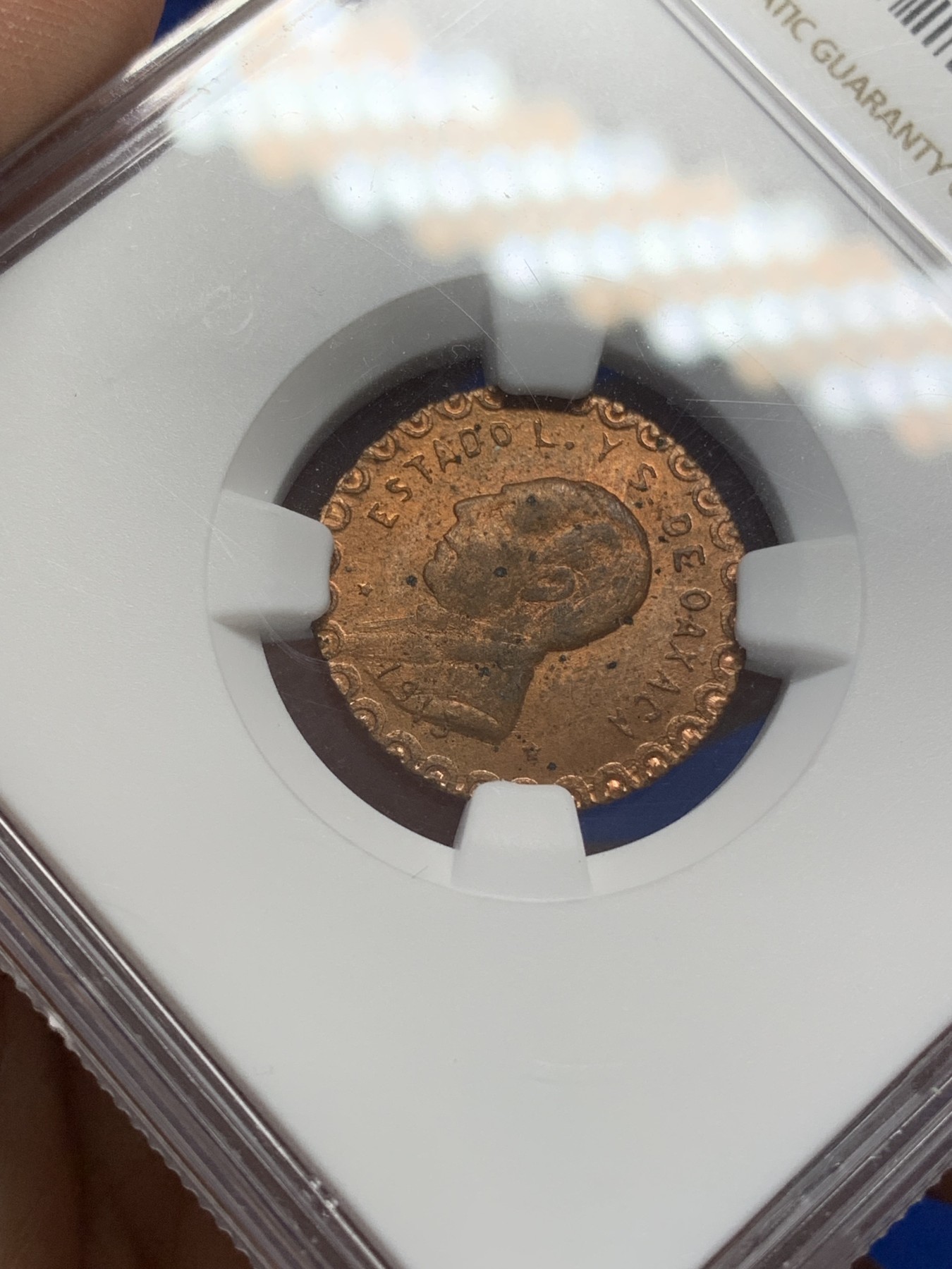 《竞宝斋》第215场-周日，周一 2场 (全场包邮) NGC-MS62RB 墨西哥1915年革命时期Oaxaca3分铜币，非常少见的面值，MS少见，RB原铜光靓丽，状态难得。