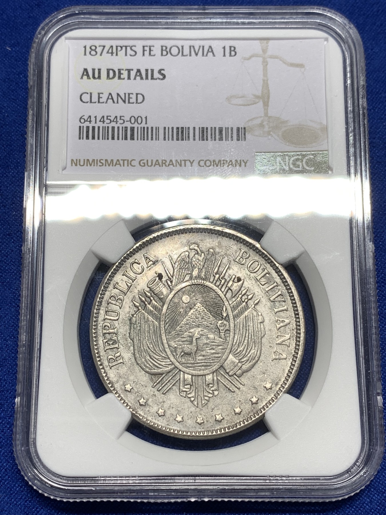 《竞宝斋》第215场-周日，周一 2场 (全场包邮) NGC AUD 1874玻利维亚1波利维诺大银币 南美上涨品种 正反都非常好