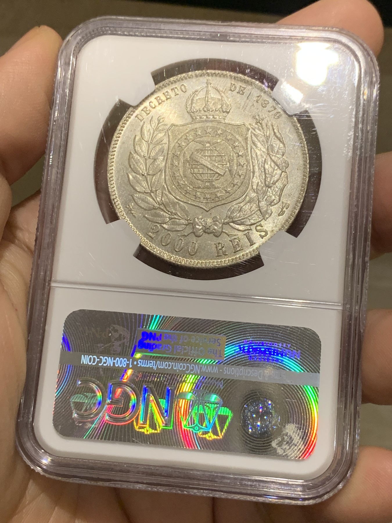 《竞宝斋》第215场-周日，周一 2场 (全场包邮) NGC-MS64 巴西 1888年2000瑞尔 佩德罗二世 大胡子银币 淡黄包浆 MS-64稀有高分一步到位 南美热点品种