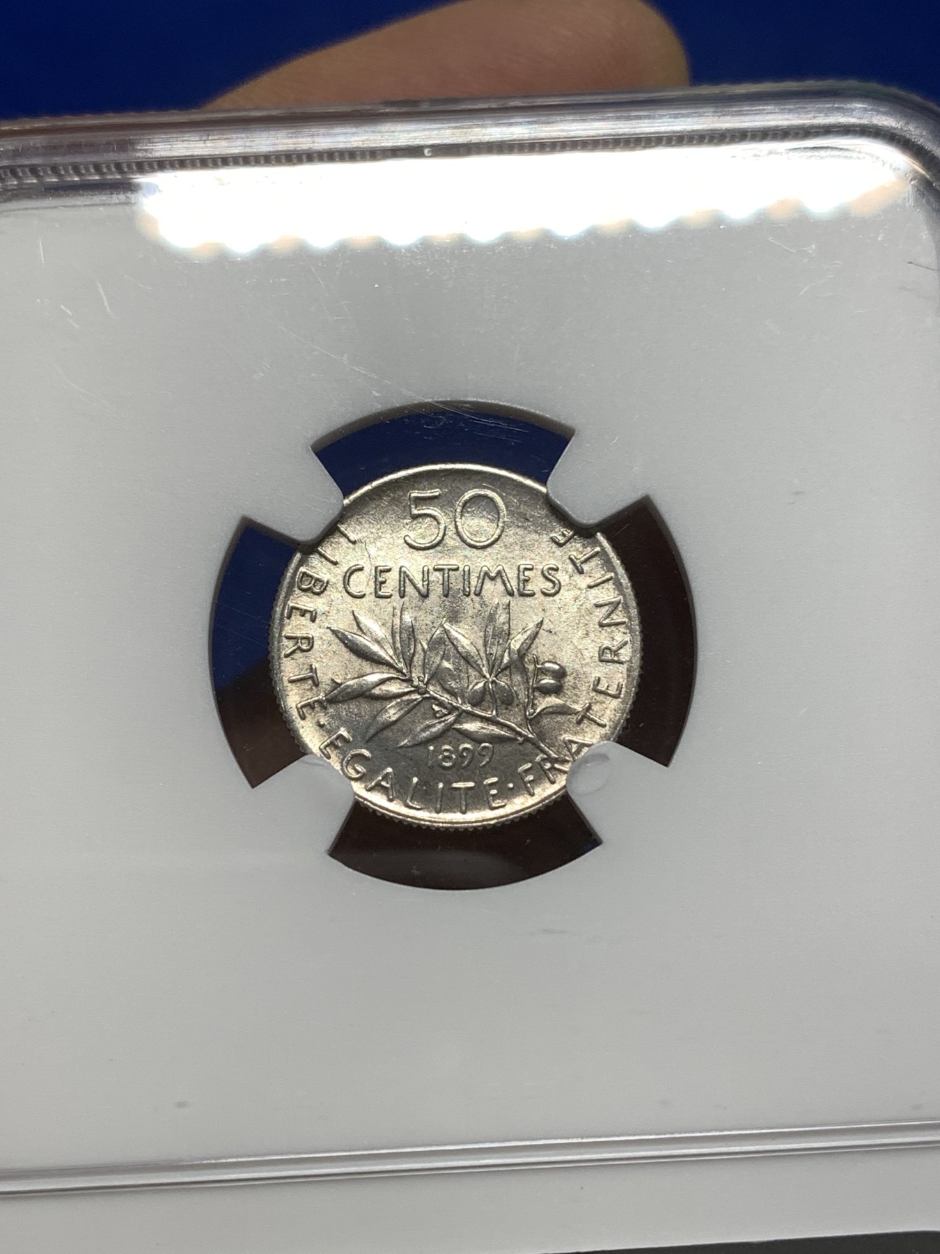 《竞宝斋》第215场-周日，周一 2场 (全场包邮) NGC-MS63 1899年法国行走女神50分银辅币，早期年份，银光充沛，63收藏级品相。此版19世纪早期年份稀见，更高分仅有3枚