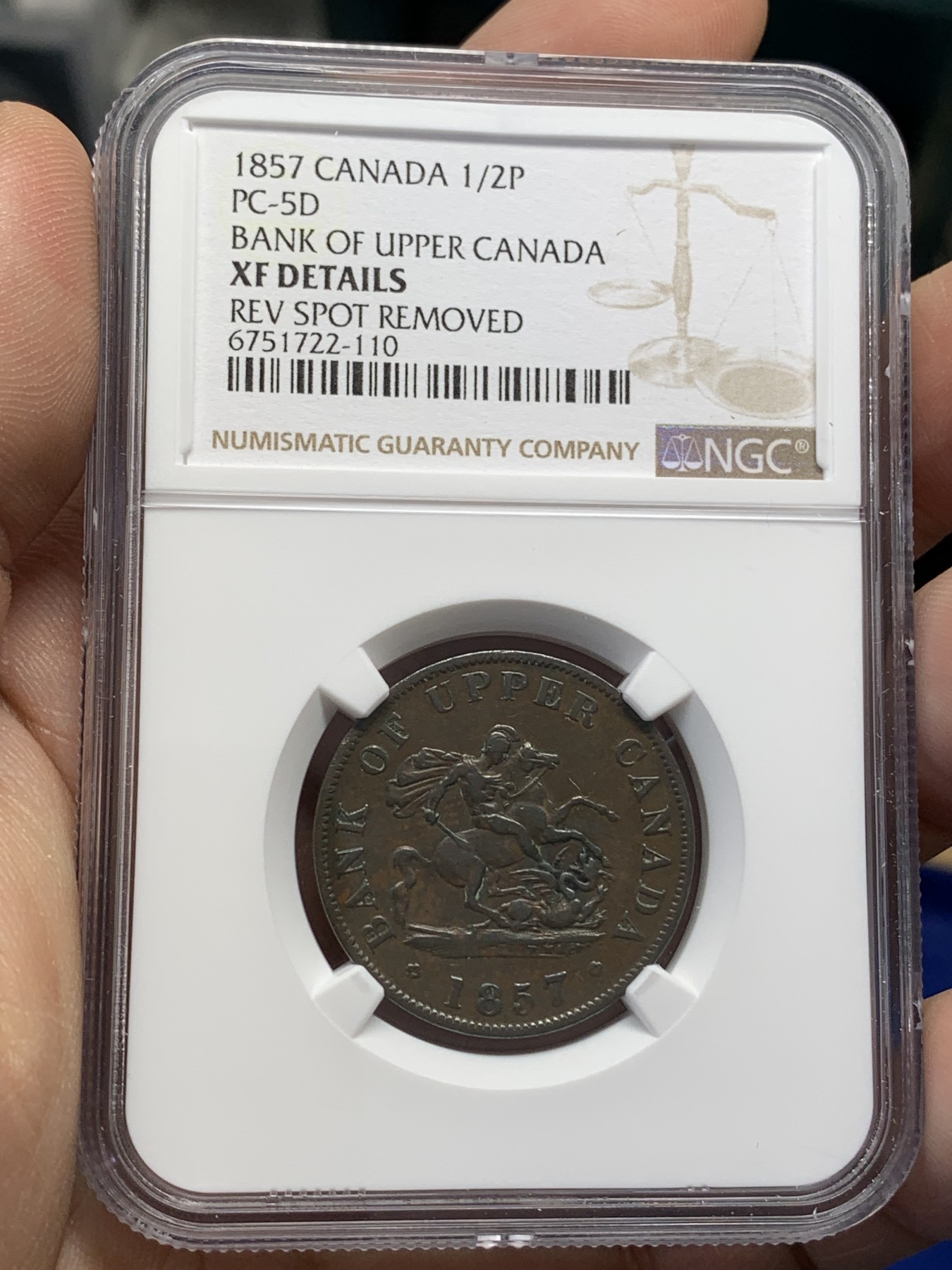《竞宝斋》第215场-周日，周一 2场 (全场包邮) NGC XFD 1857年加拿大1/2便士铜质代币