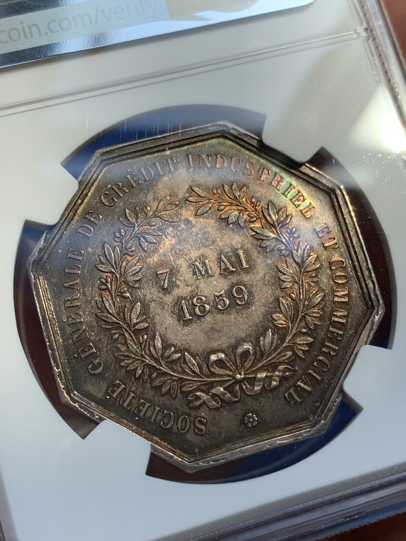 《竞宝斋》第215场-周日，周一 2场 (全场包邮) NGC-MS62 法国1859年 站人 八角银制JETON 顶级品相 五彩包浆