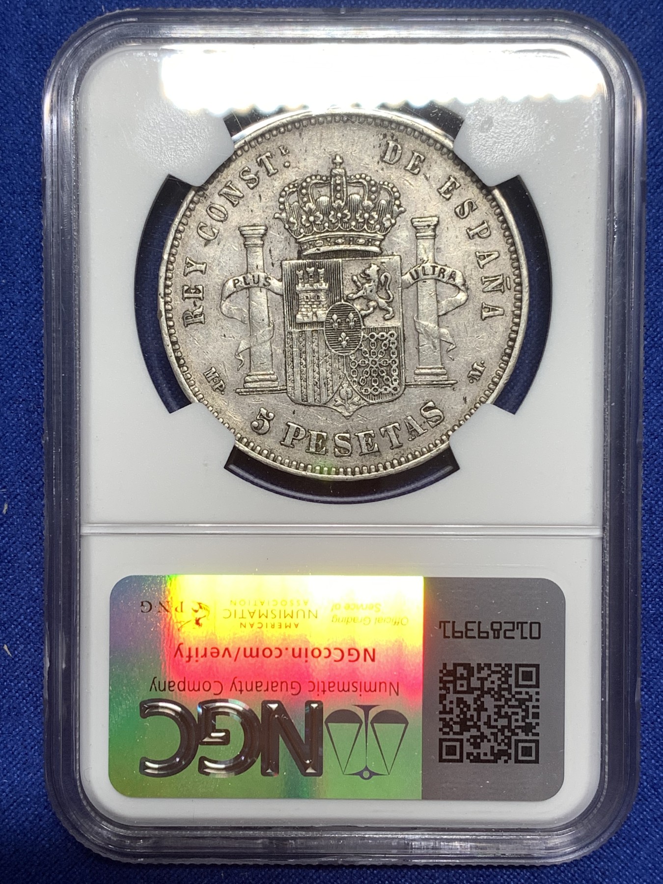 《竞宝斋》第215场-周日，周一 2场 (全场包邮) NGC-XF40 西班牙1888年 阿方索十三世 5比塞塔双柱大银币 吉祥年份