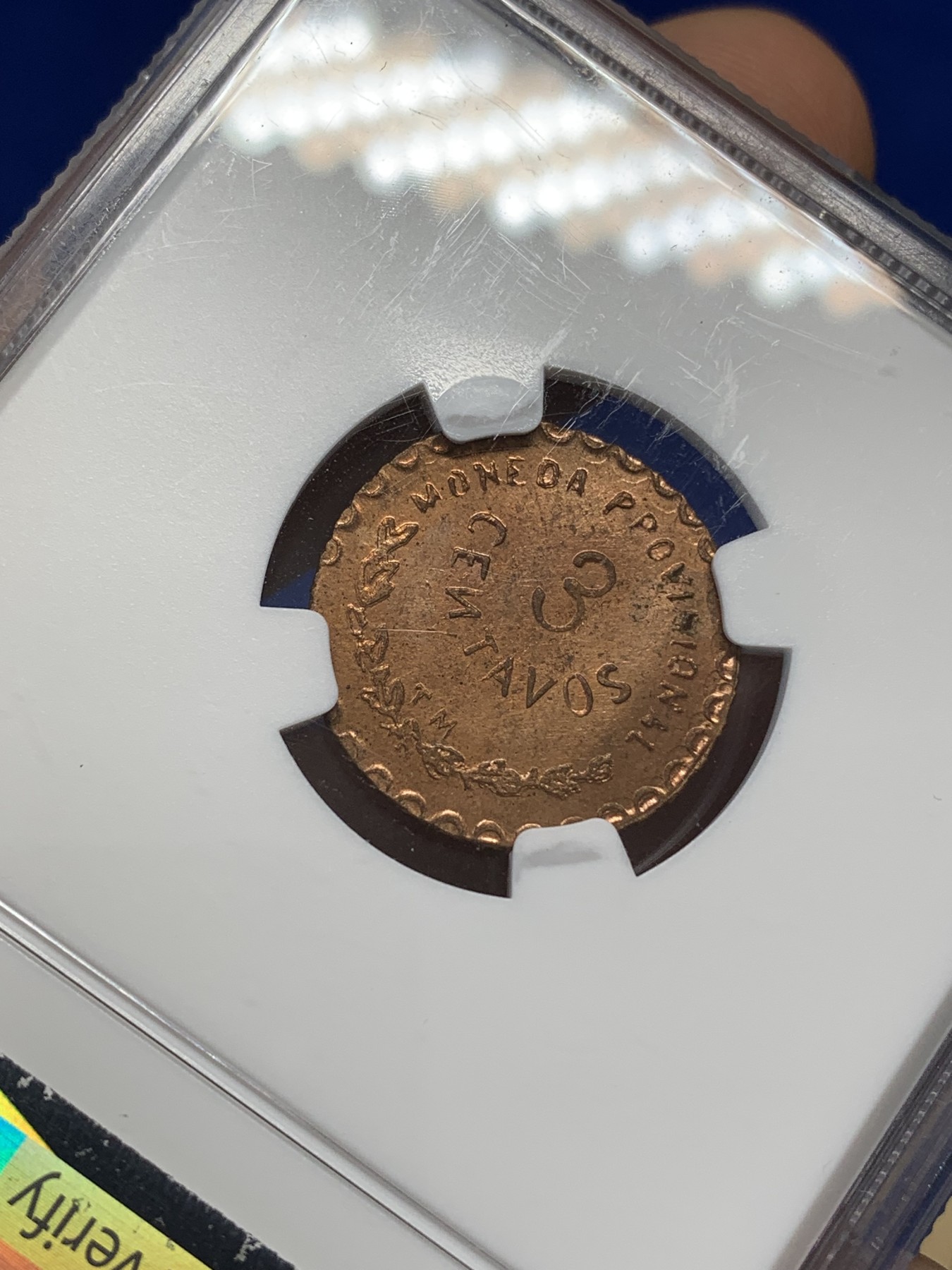 《竞宝斋》第215场-周日，周一 2场 (全场包邮) NGC-MS62RB 墨西哥1915年革命时期Oaxaca3分铜币，非常少见的面值，MS少见，RB原铜光靓丽，状态难得。