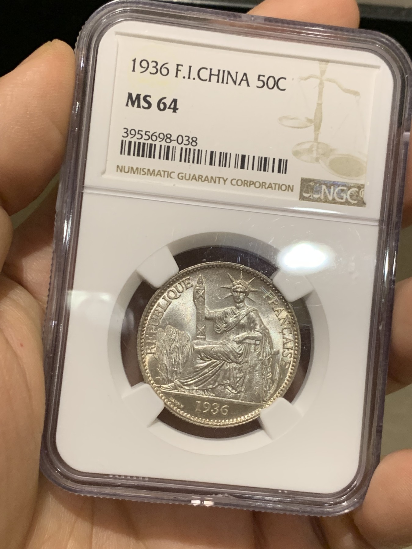 《竞宝斋》第215场-周日，周一 2场 (全场包邮) NGC MS64 法属印支 1936年 50分 淡彩包浆