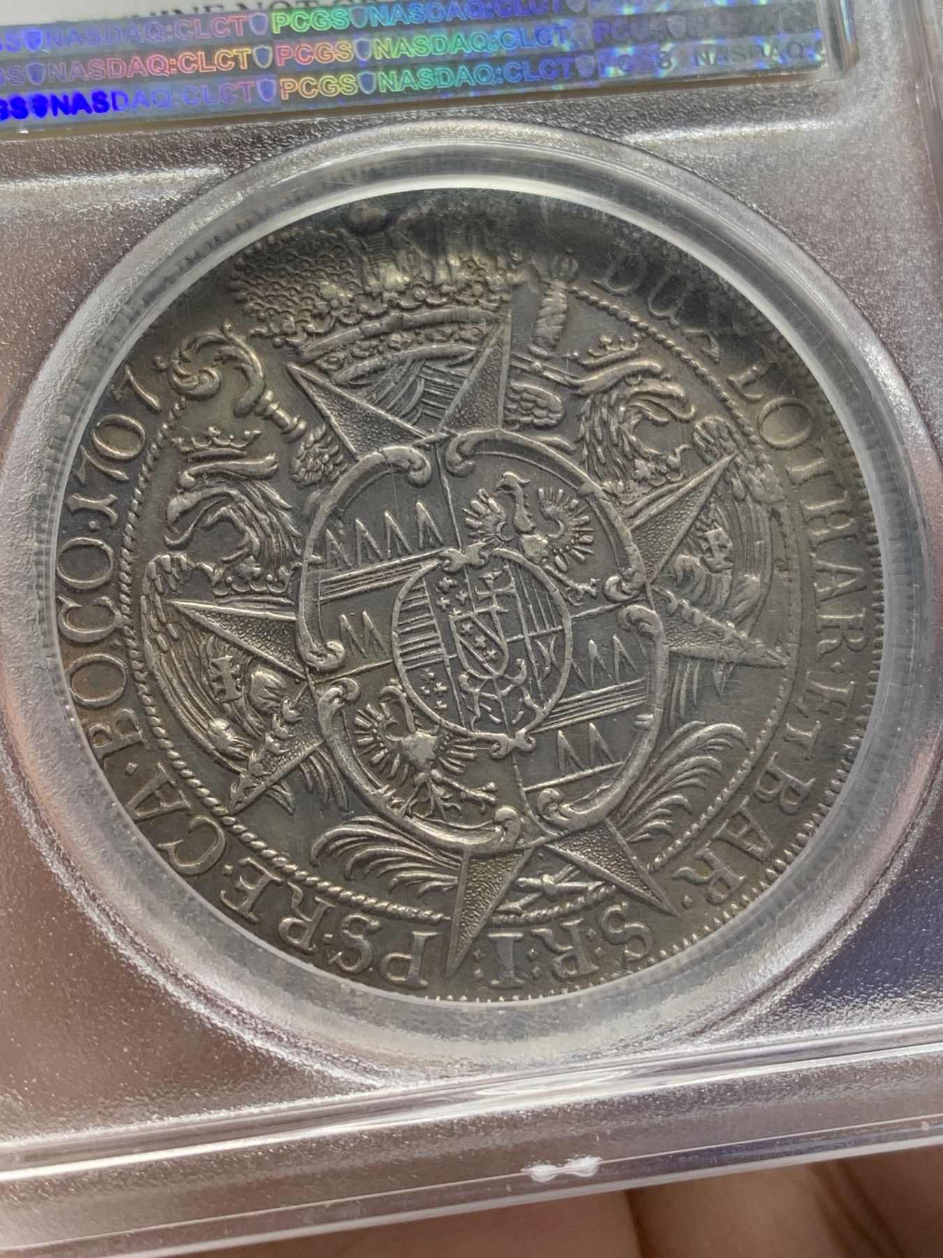 《竞宝斋》第215场-周日，周一 2场 (全场包邮) PCGS AUD 哈布斯堡1707年约瑟夫一世泰勒，德国州币奥尔姆兹教皇区，1泰勒大银币。很少见银币。喜欢哈布斯堡历史的朋友必选！细节见图