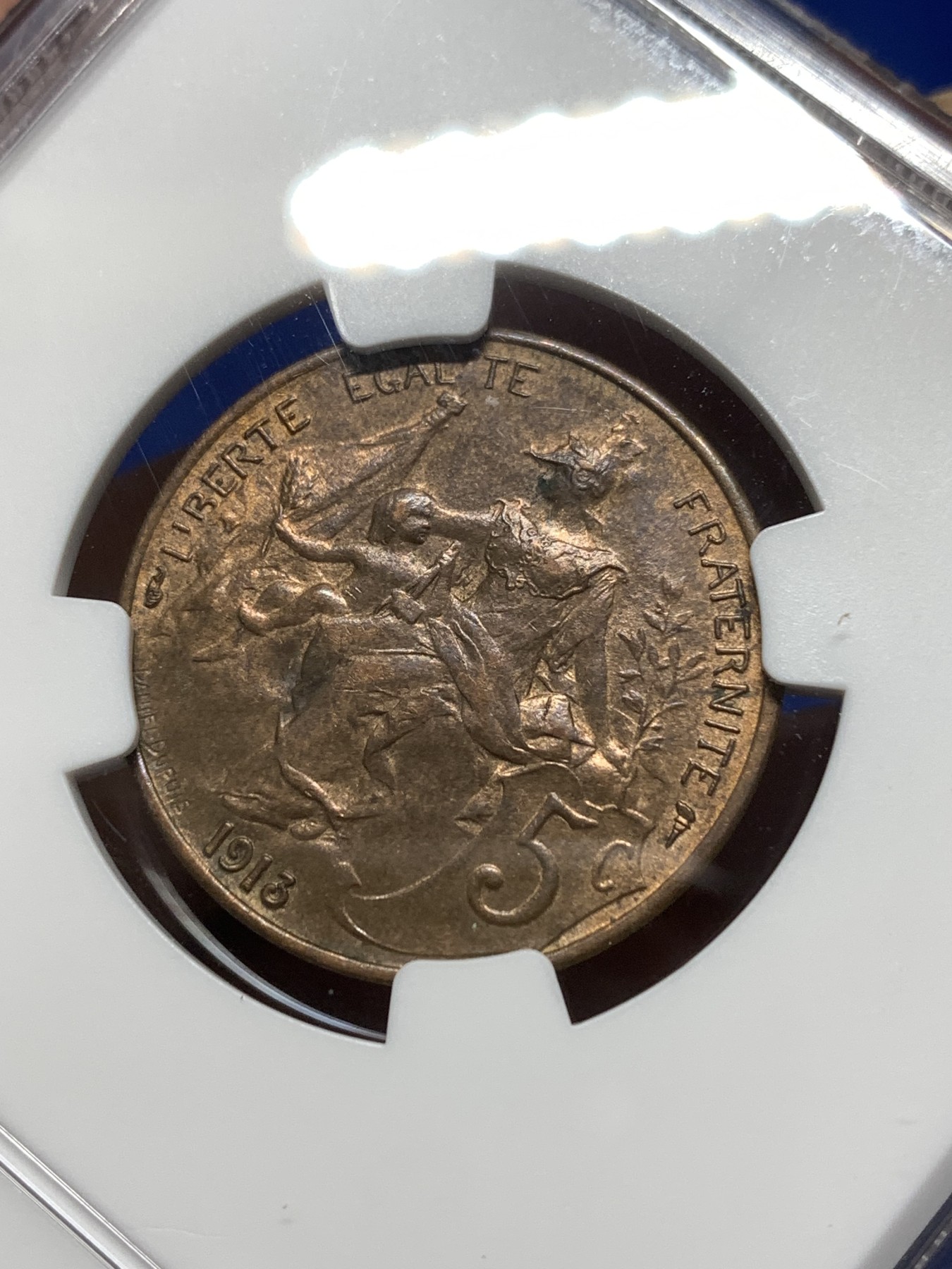 《竞宝斋》第215场-周日，周一 2场 (全场包邮) NGC AU58 1913年法国5c铜币