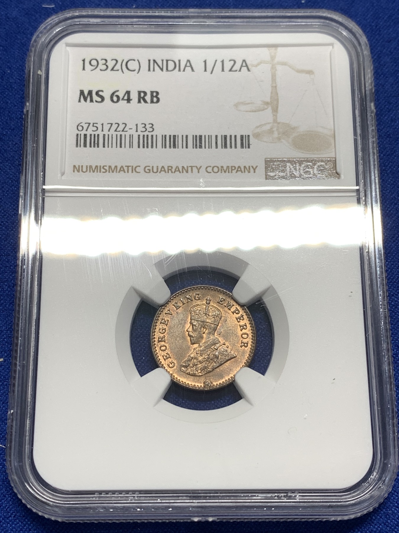 《竞宝斋》第215场-周日，周一 2场 (全场包邮) NGC MS64RB 1932年英属印度1/12安娜铜币
