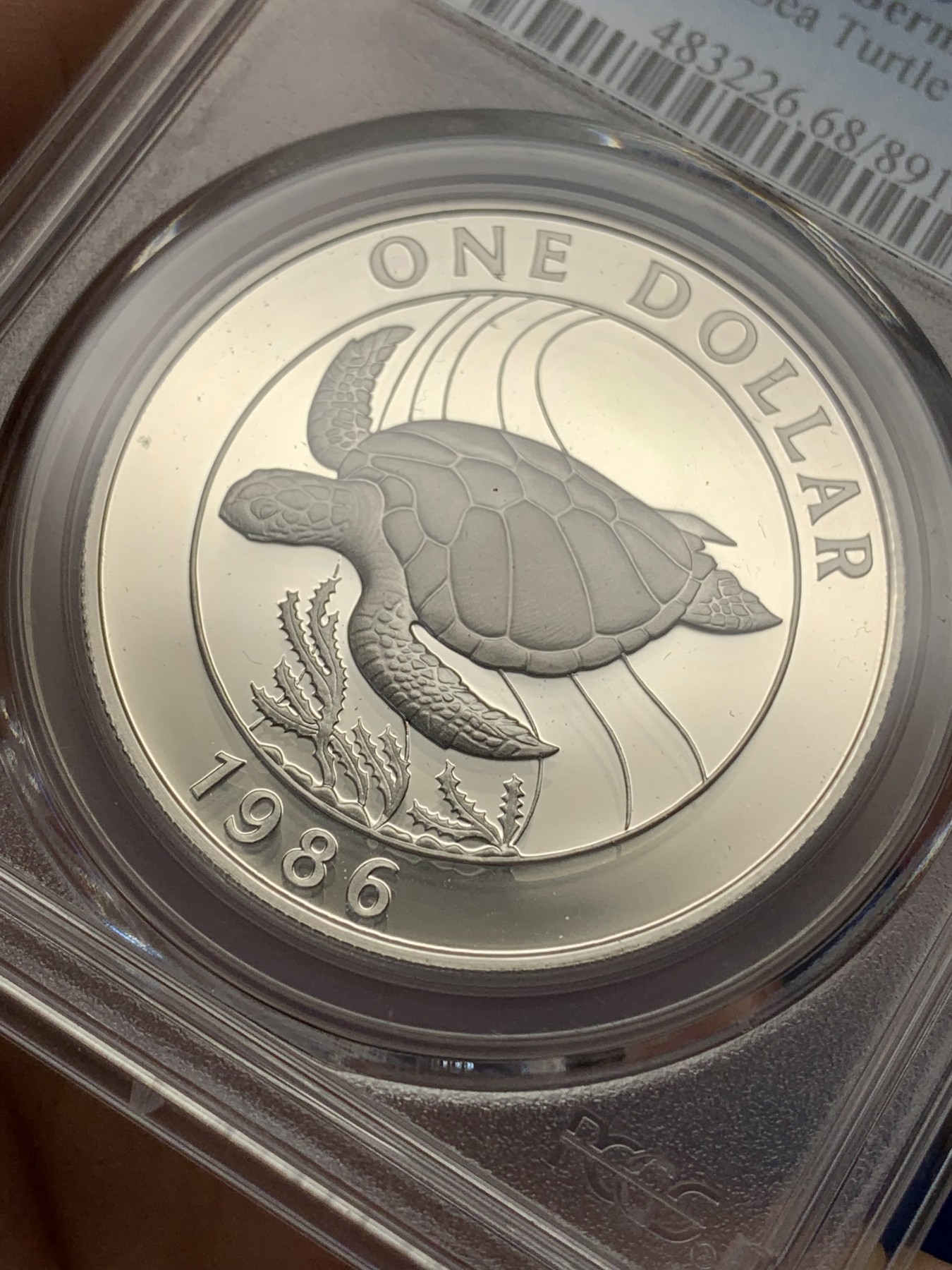 《竞宝斋》第215场-周日，周一 2场 (全场包邮) PCGS金盾 MS68 百慕大1986年海龟1克朗普制大银币，普制的发行量比精制的要少