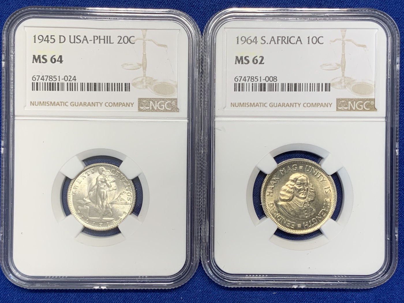 《竞宝斋》第215场-周日，周一 2场 (全场包邮) 两枚一组 NGC-MS64 美属菲律宾打铁女神20C银币，转光好品+NGC-MS62南非开拓者里贝克10C银币，光度好低评