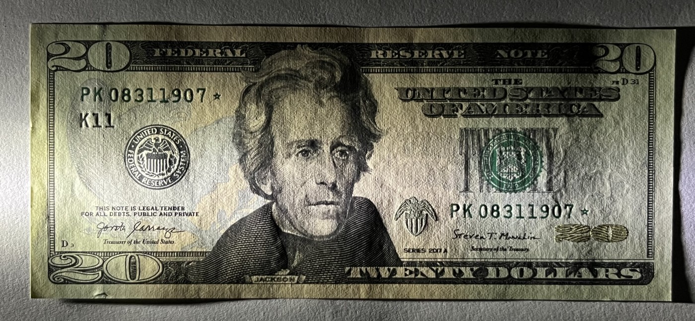 Chase Auction 第26期 - - 外钞、民国钞和人民币混合场！（临时有事，改到22号） 2017A版 20美元 彩色版 星*补号（Replacement）号码无4 德克萨斯州Fort Worth新印钞厂印刷