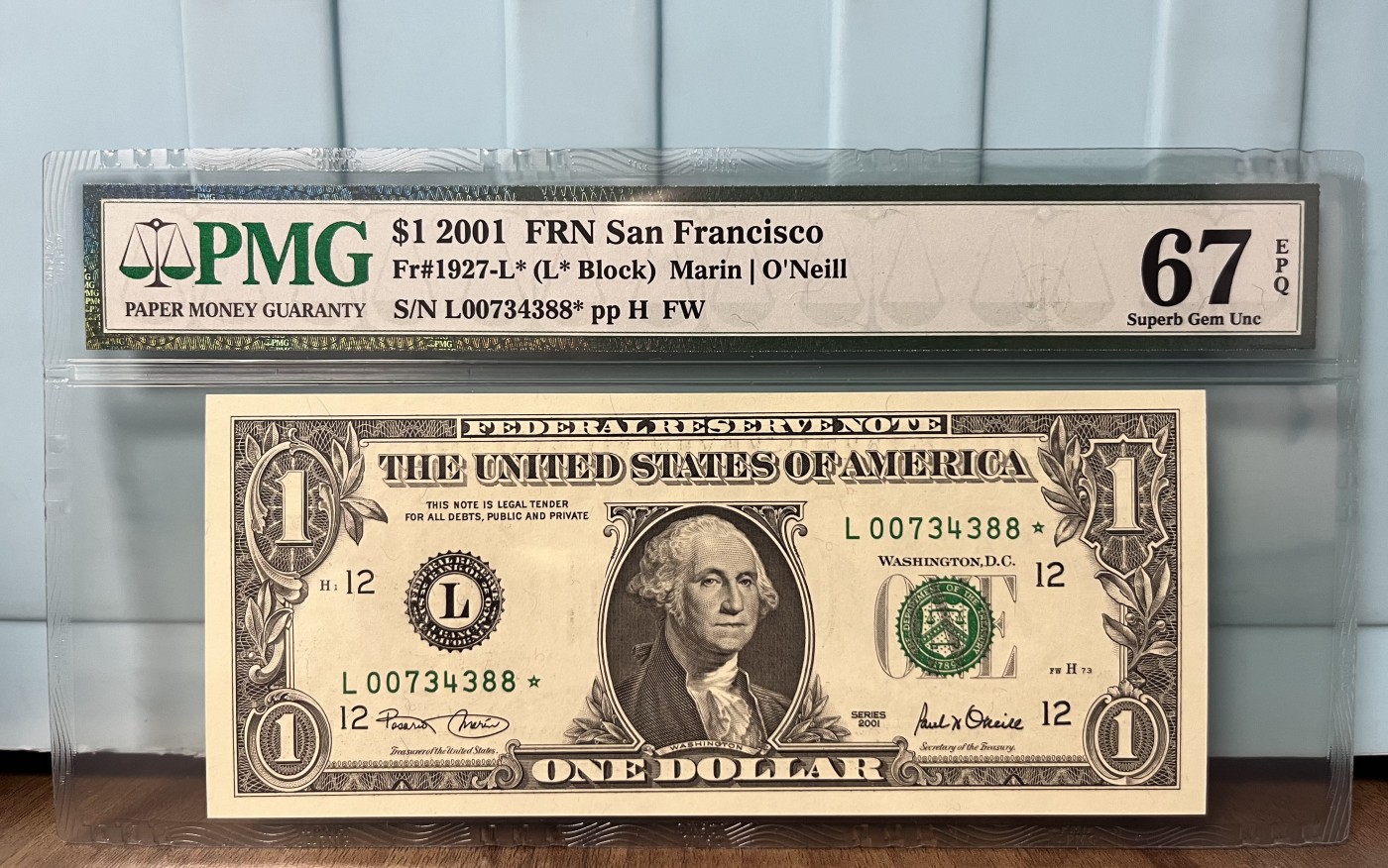Chase Auction 第26期 - - 外钞、民国钞和人民币混合场！（临时有事，改到22号） 2001版 1美元 星*补号（Replacement）双尾号码88 德克萨斯州Fort Worth新印钞厂印刷 PMG老壳严格评级67EPQ