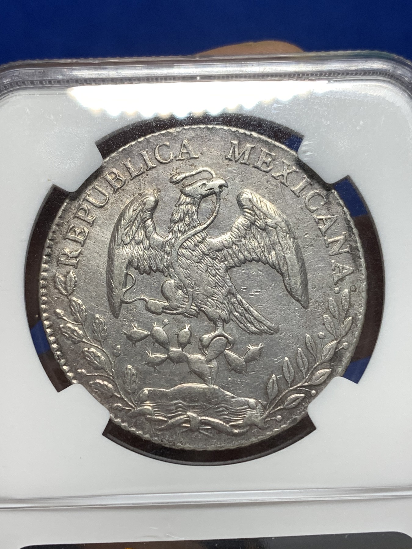 《竞宝斋》第215场-周日，周一 2场 (全场包邮) NGC AUD 墨西哥1879年鹰洋8R银币，图案整洁，齿边花纹依稀可见。