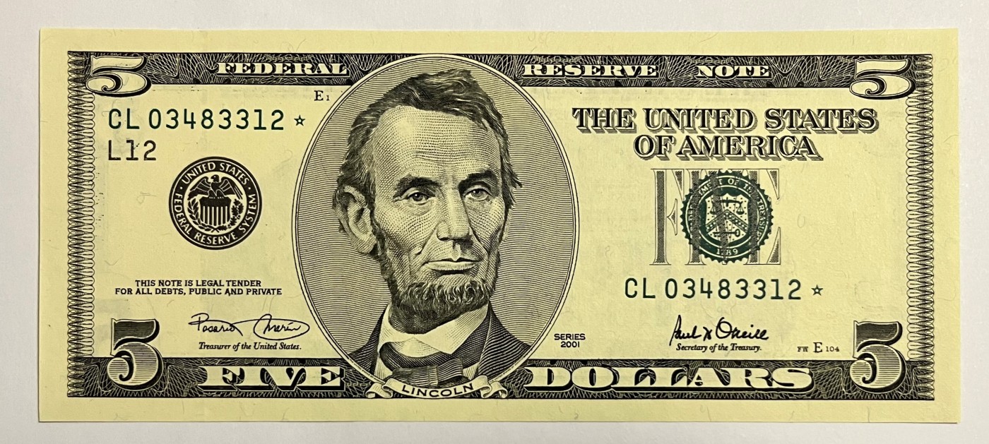 Chase Auction 第26期 - - 外钞、民国钞和人民币混合场！（临时有事，改到22号） 2001版 5美元 大头版 星*补号（Replacement）德克萨斯州Fort Worth新印钞厂印刷