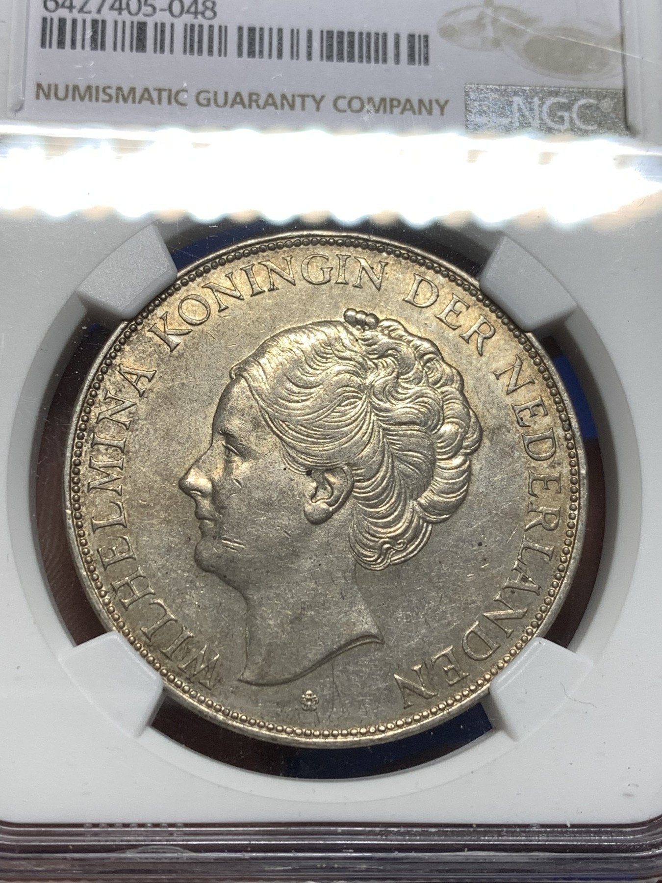 《竞宝斋》第215场-周日，周一 2场 (全场包邮) NGC MS61 荷兰1939年女王威廉米娜2.5盾大银币