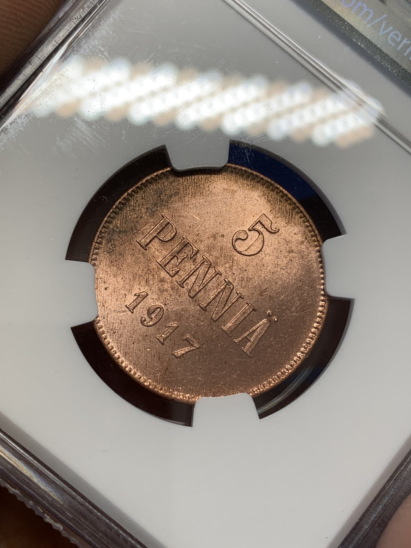 《竞宝斋》第215场-周日，周一 2场 (全场包邮) NGC MS63RD 俄占芬兰1917年克伦斯基临时政府5盆尼铜币，一百多年的老铜币，RD相当难得