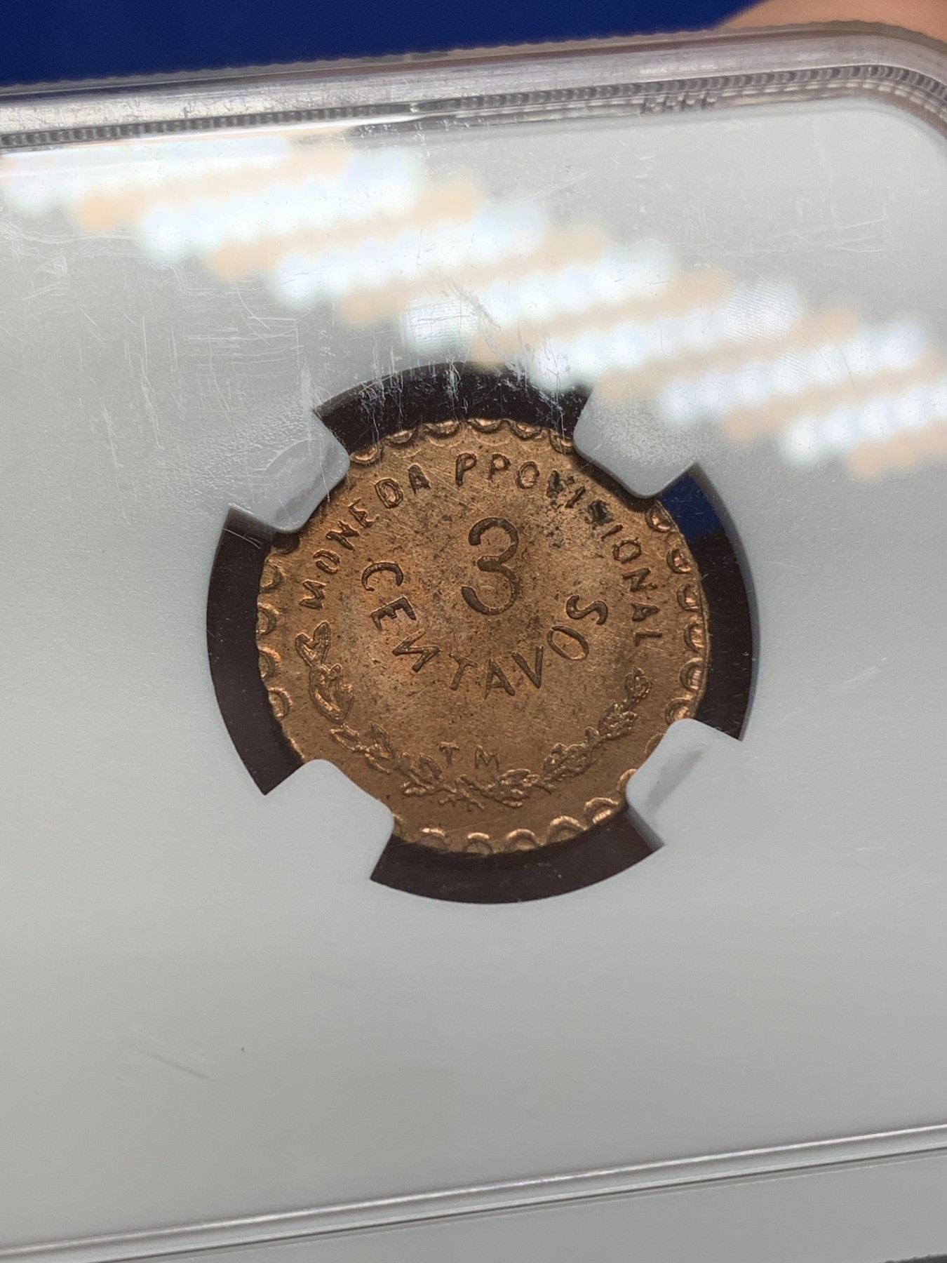 《竞宝斋》第215场-周日，周一 2场 (全场包邮) NGC-MS62RB 墨西哥1915年革命时期Oaxaca3分铜币，非常少见的面值，MS少见，RB原铜光靓丽，状态难得。