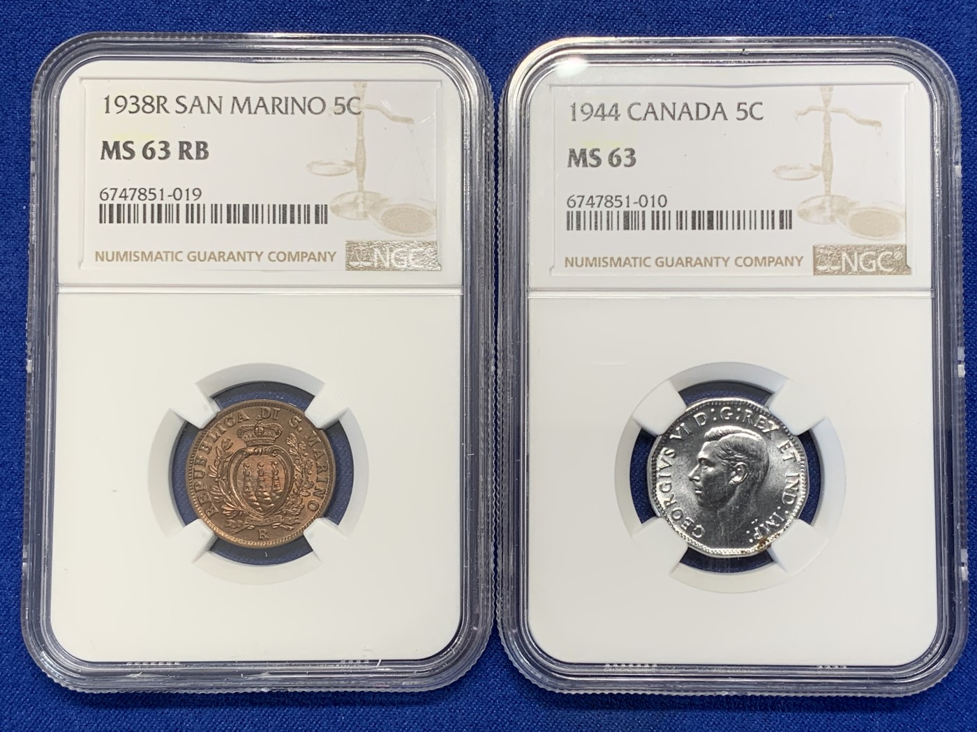 《竞宝斋》第215场-周日，周一 2场 (全场包邮) 两枚一组 NGC-MS63 圣马力诺1938年5分铜币，铜光好品+NGC-MS63 加拿大1944乔六5分，转光好品低评，含铁易锈不容易出分