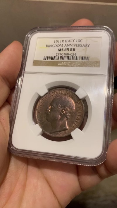 《竞宝斋》第215场-周日，周一 2场 (全场包邮) NGC MS65RB  1911年意大利王国建国50周年10C铜币，背面设计极具艺术感，收藏级亚军分！！！