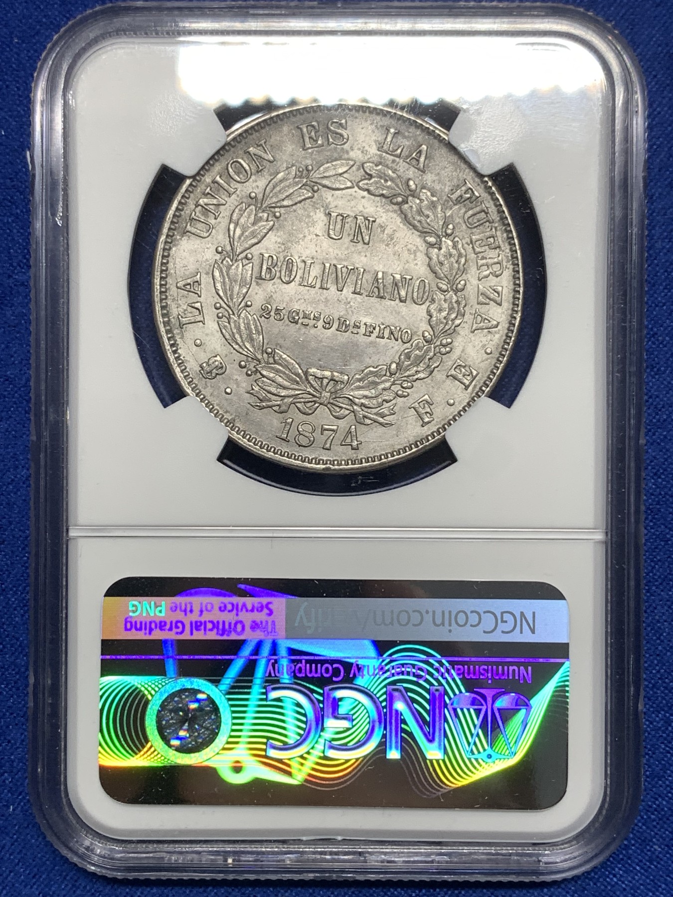 《竞宝斋》第215场-周日，周一 2场 (全场包邮) NGC AUD 1874玻利维亚1波利维诺大银币 南美上涨品种 正反都非常好