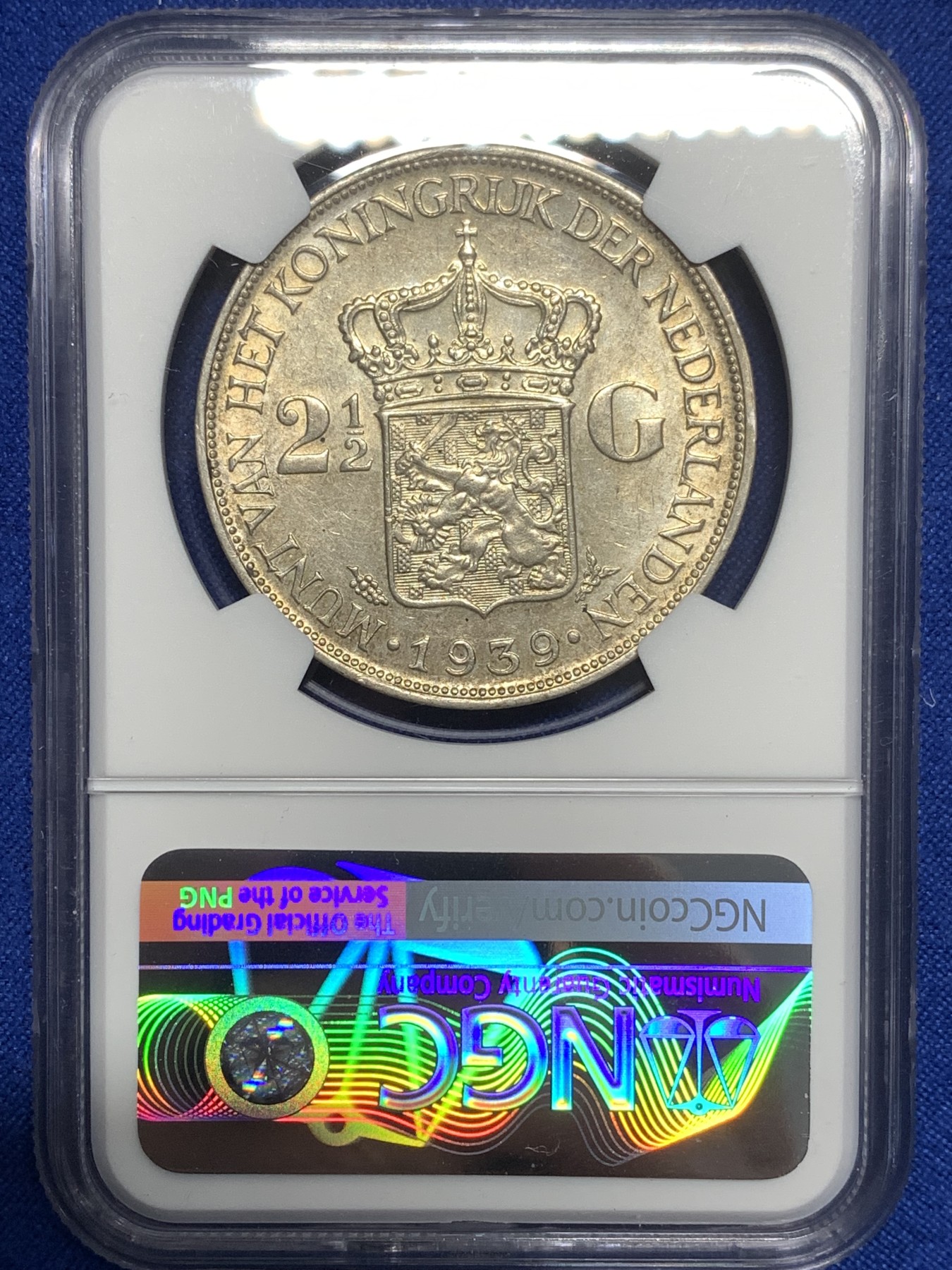 《竞宝斋》第215场-周日，周一 2场 (全场包邮) NGC MS61 荷兰1939年女王威廉米娜2.5盾大银币