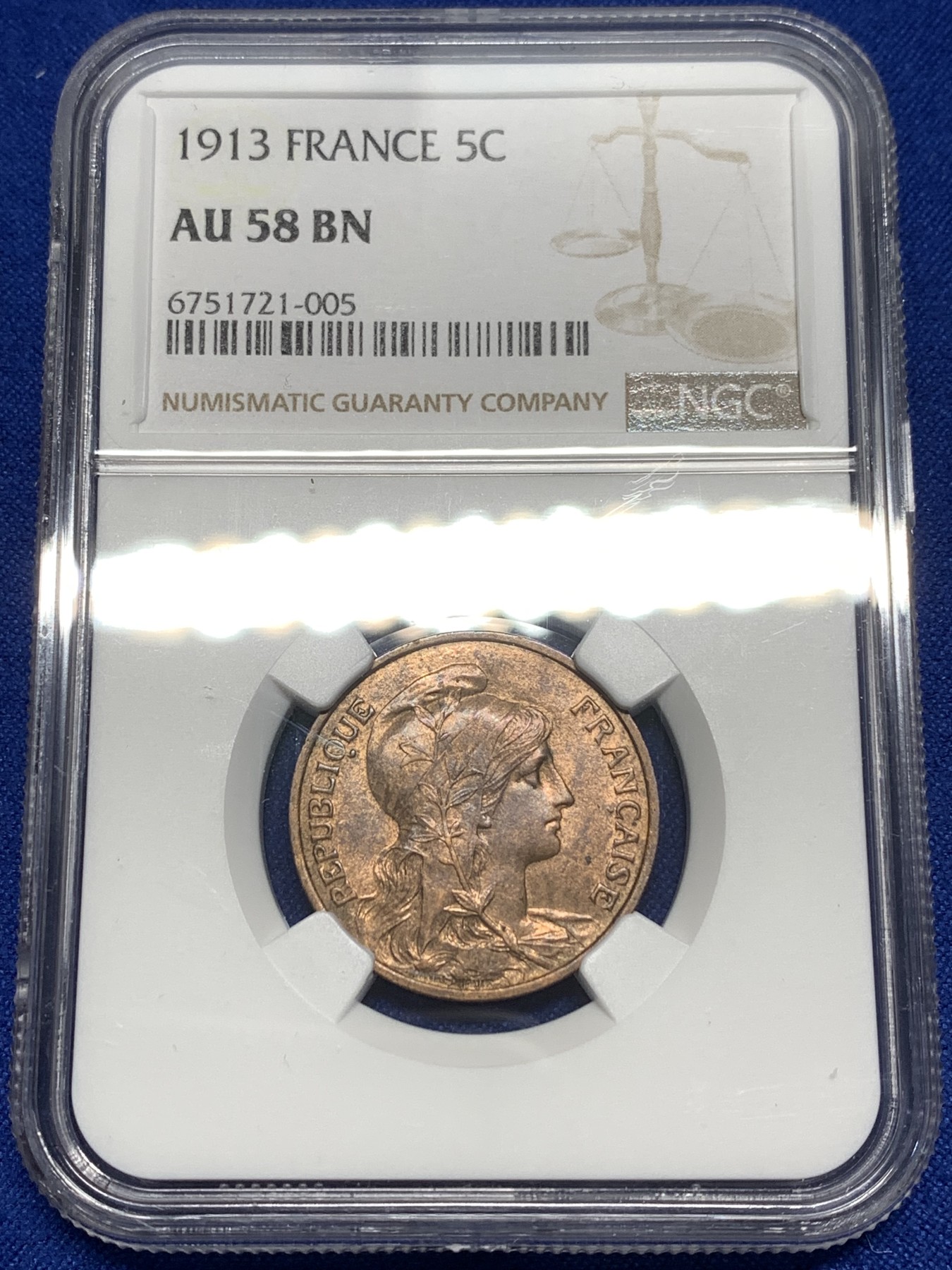 《竞宝斋》第215场-周日，周一 2场 (全场包邮) NGC AU58 1913年法国5c铜币