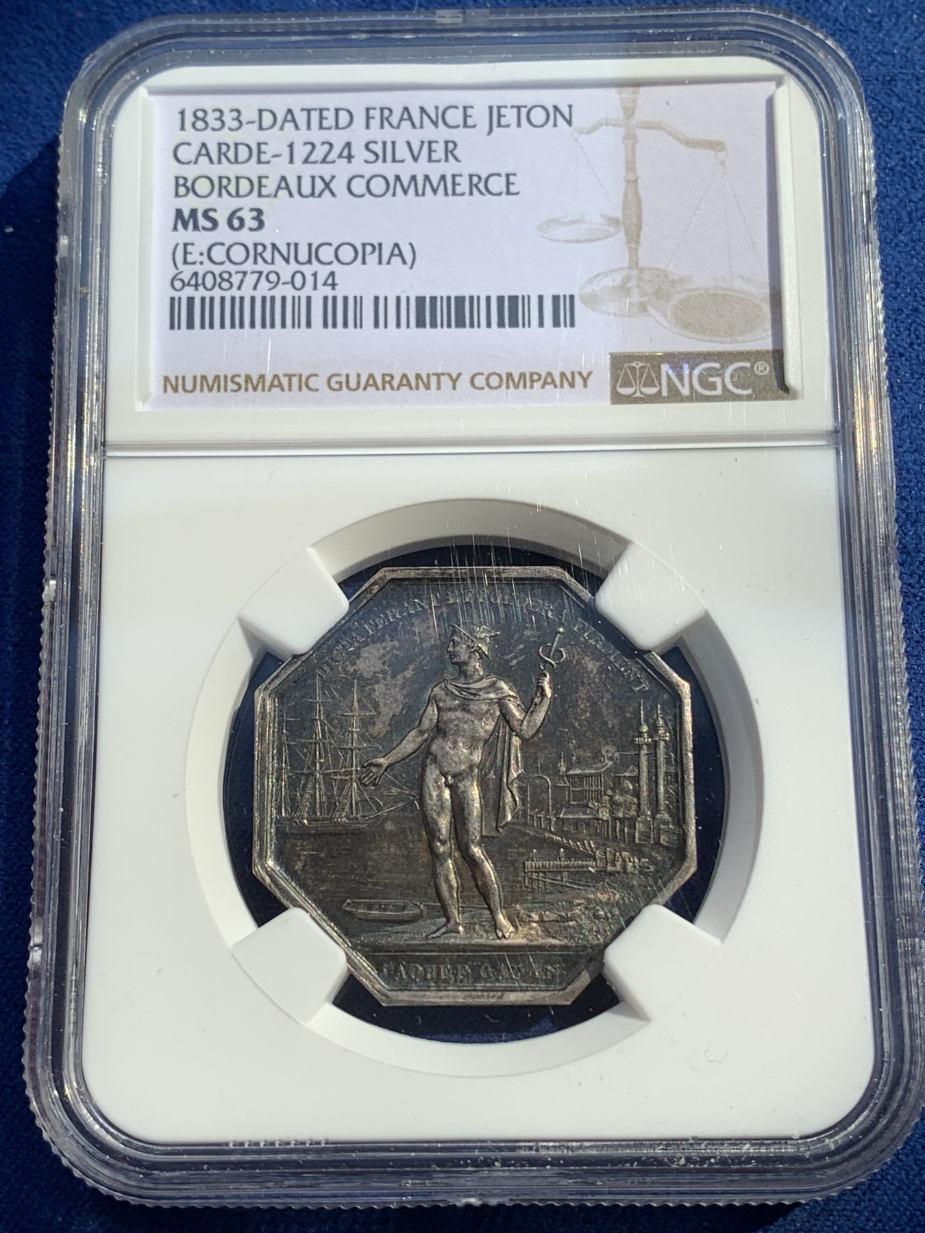 《竞宝斋》第215场-周日，周一 2场 (全场包邮) NGC-MS63 法国十九世纪 波尔多商会站人 八角银制JETON 顶级老包浆 非常漂亮