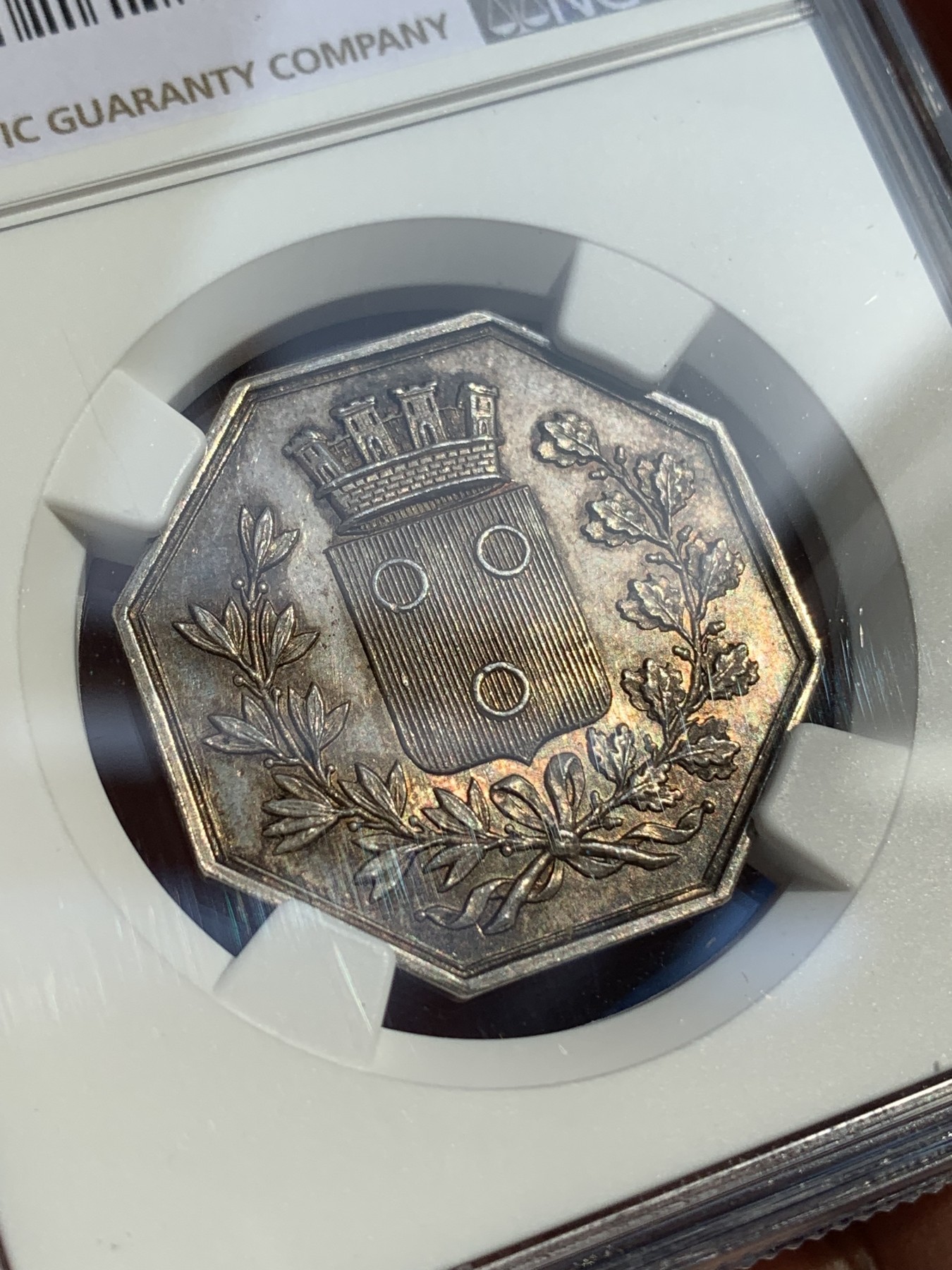 《竞宝斋》第215场-周日，周一 2场 (全场包邮) NGC MS62 法国八角银质代币 马康公证处 细节不错