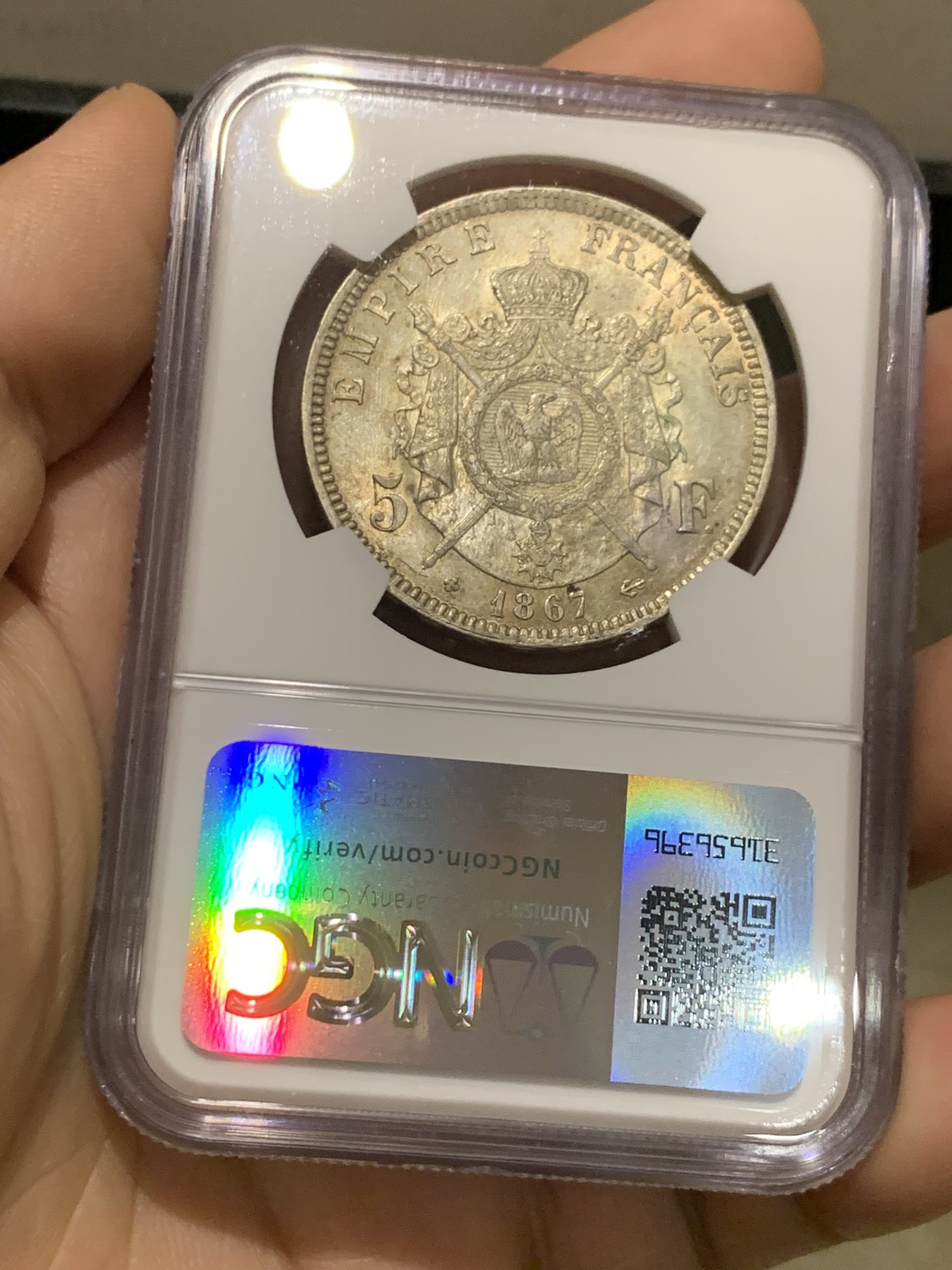 《竞宝斋》第215场-周日，周一 2场 (全场包邮) NGC-MS62 法国1867年BB版拿破仑三世 5法郎银币