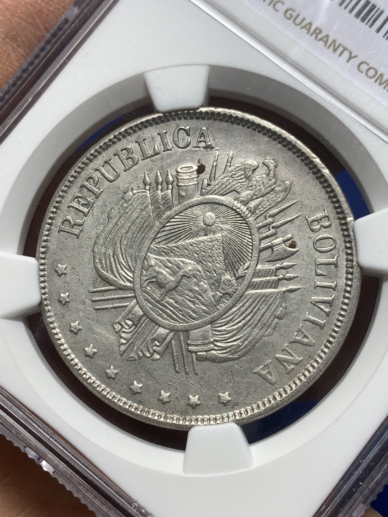 《竞宝斋》第215场-周日，周一 2场 (全场包邮) NGC AUD 1874玻利维亚1波利维诺大银币 南美上涨品种 正反都非常好