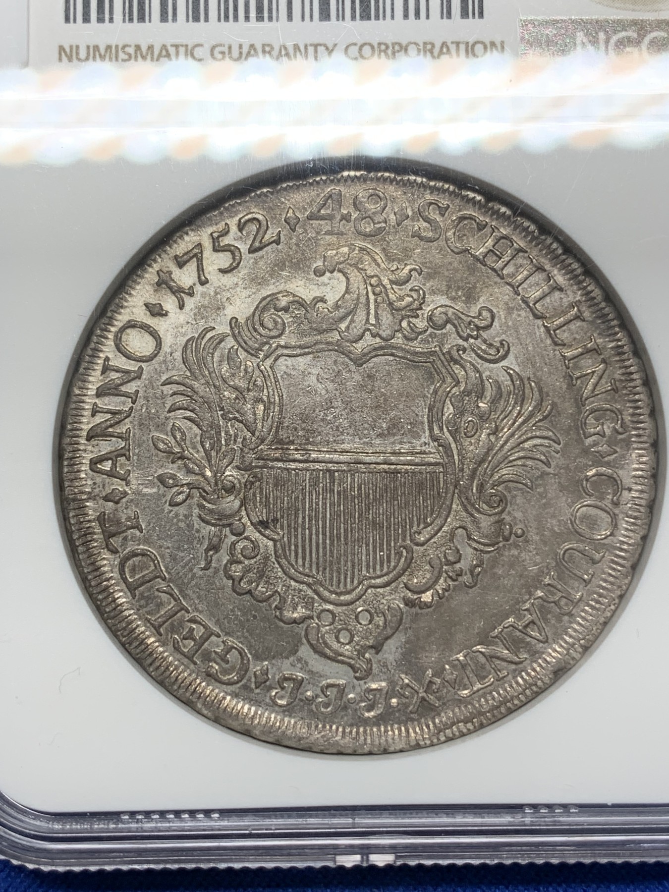 《竞宝斋》第215场-周日，周一 2场 (全场包邮) 唯一冠军分！NGC-AU58 德国 1752年吕贝克帝国自由市 48先令银币 底板带光 味道十足