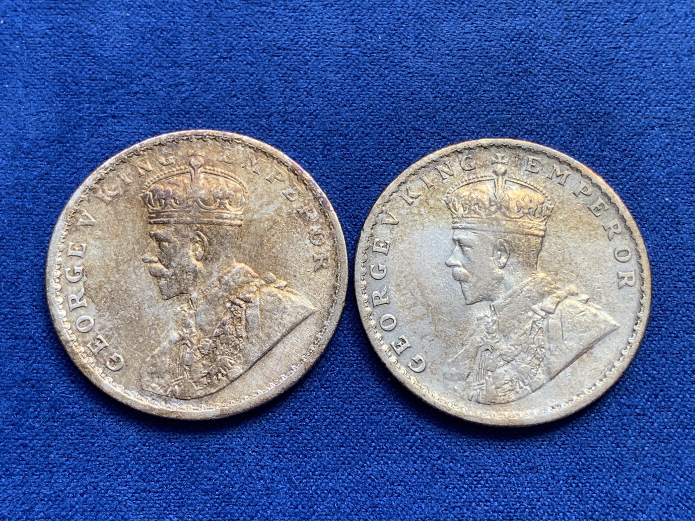 《竞宝斋》第215场-周日，周一 2场 (全场包邮) 两枚一组 英属印度乔治五世卢比银币 1912年+1913年，917高银，凑套必备。
