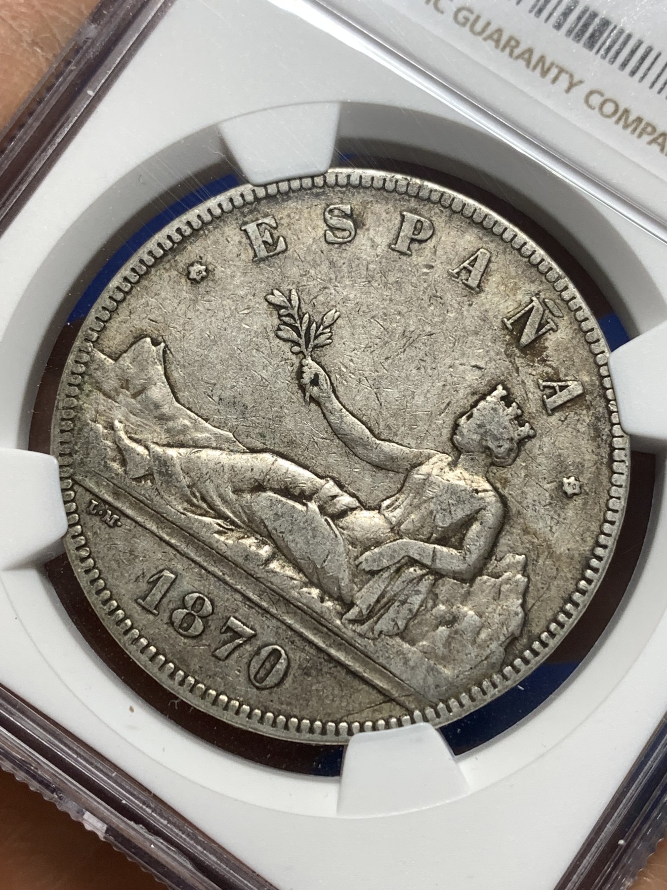 《竞宝斋》第215场-周日，周一 2场 (全场包邮) NGC VF30 西班牙1870年拿花5比塞塔大银币