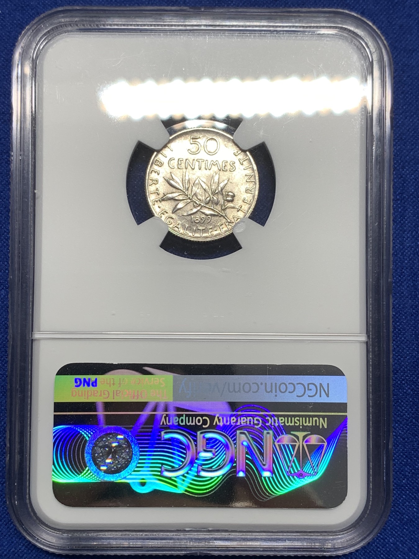 《竞宝斋》第215场-周日，周一 2场 (全场包邮) NGC-MS63 1899年法国行走女神50分银辅币，早期年份，银光充沛，63收藏级品相。此版19世纪早期年份稀见，更高分仅有3枚
