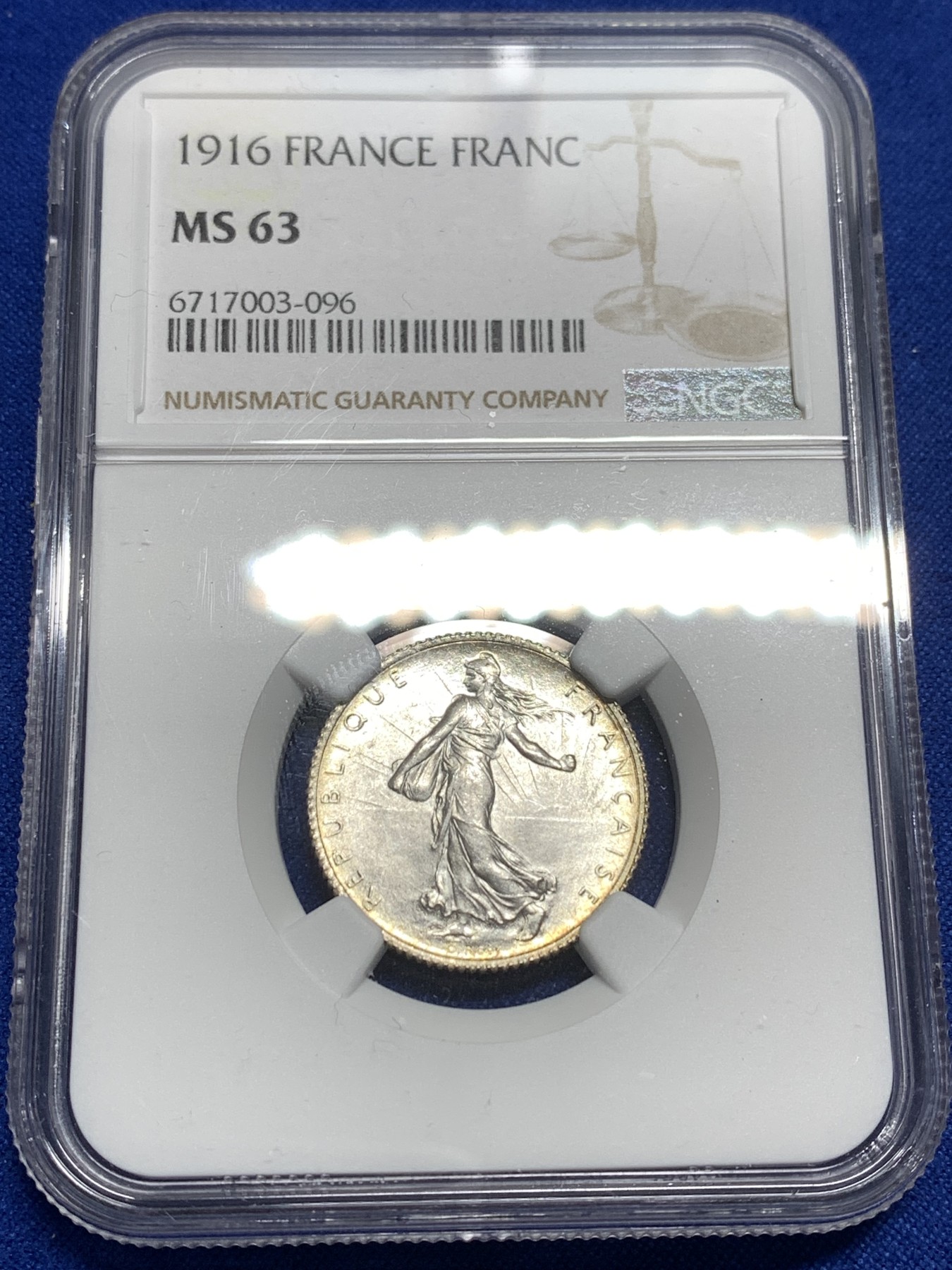 《竞宝斋》第215场-周日，周一 2场 (全场包邮) NGC MS63 法国1916年播种女神1法郎银币