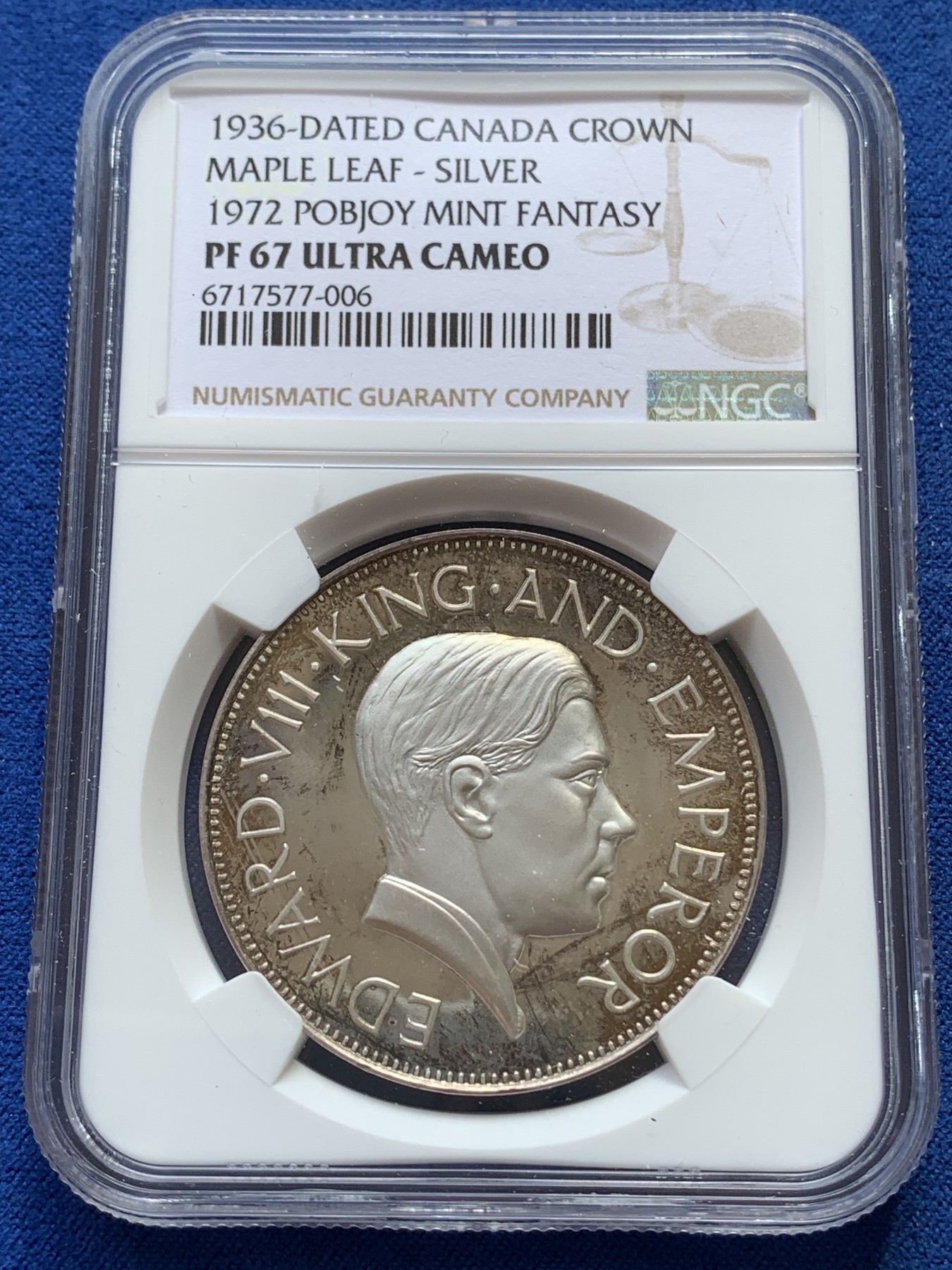 《竞宝斋》第215场-周日，周一 2场 (全场包邮) NGC-PF67 后铸加拿大1936爱德华八世 银质1克朗 NGC冠军分 币面的镜面感和凝霜感都非常完美
