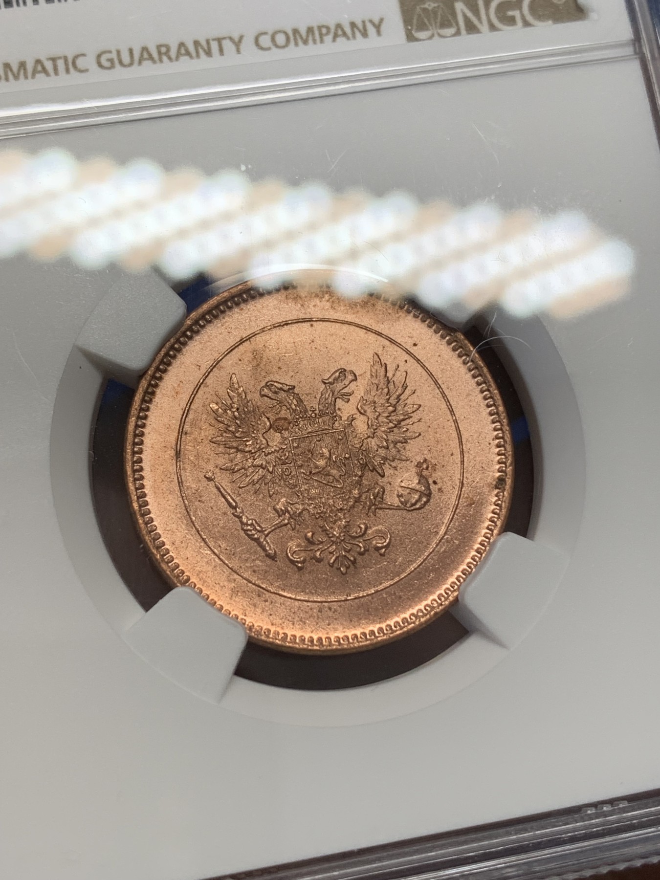 《竞宝斋》第215场-周日，周一 2场 (全场包邮) NGC MS63RD 俄占芬兰1917年克伦斯基临时政府5盆尼铜币，一百多年的老铜币，RD相当难得