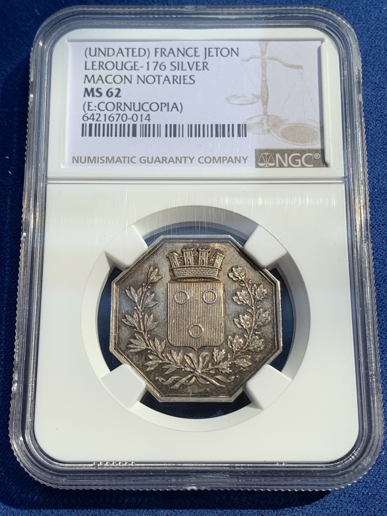《竞宝斋》第215场-周日，周一 2场 (全场包邮) NGC MS62 法国八角银质代币 马康公证处 细节不错