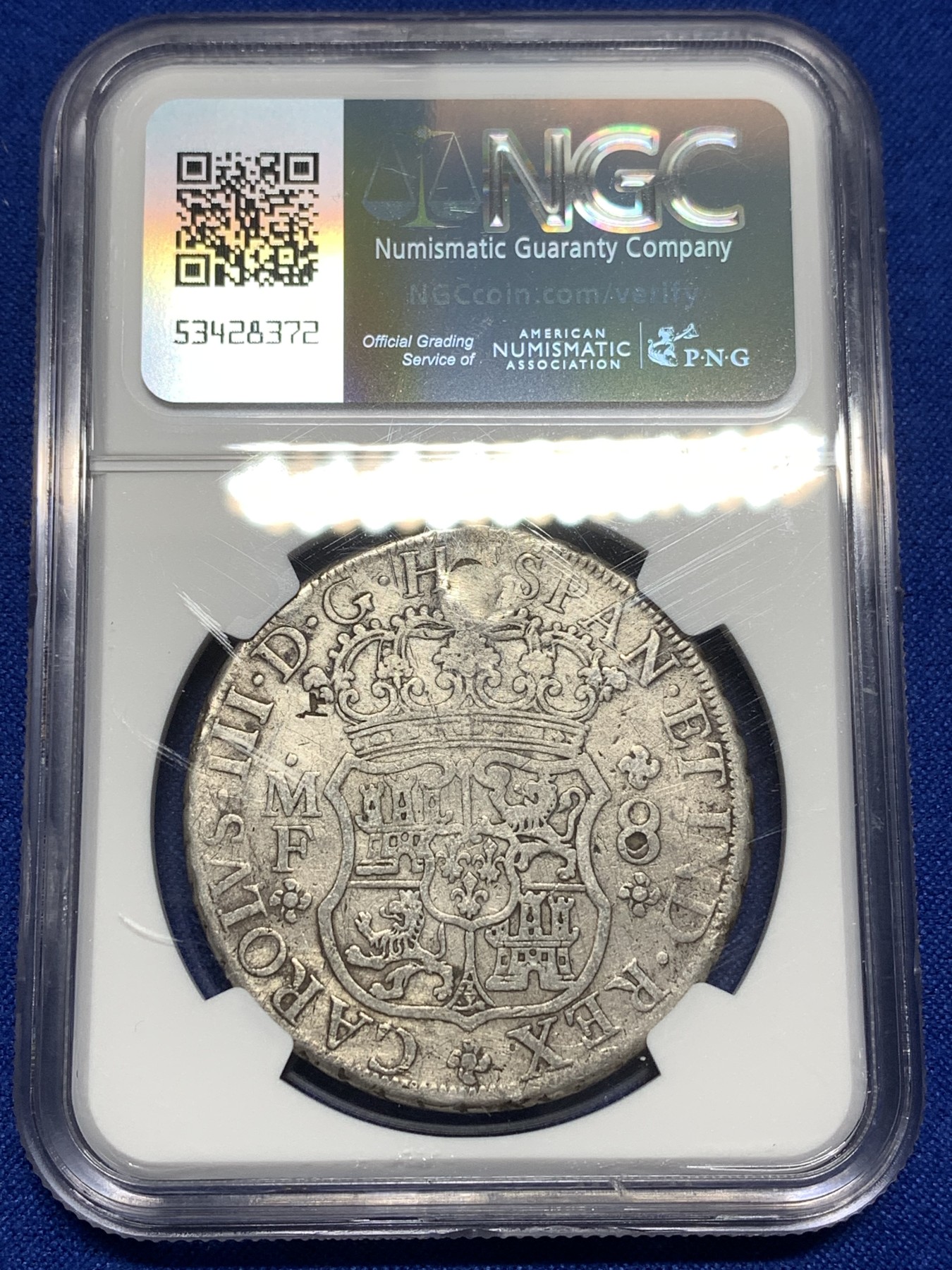 《竞宝斋》第215场-周日，周一 2场 (全场包邮) NGC-FD 西属墨西哥1768年地球双柱8R大银币