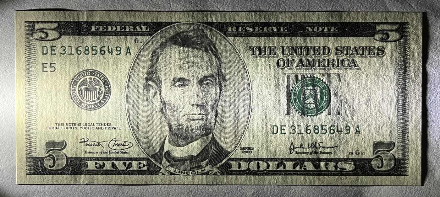 Chase Auction 第26期 - - 外钞、民国钞和人民币混合场！（临时有事，改到22号） 2003版 5美元 大头版 德克萨斯州Fort Worth新印钞厂印刷