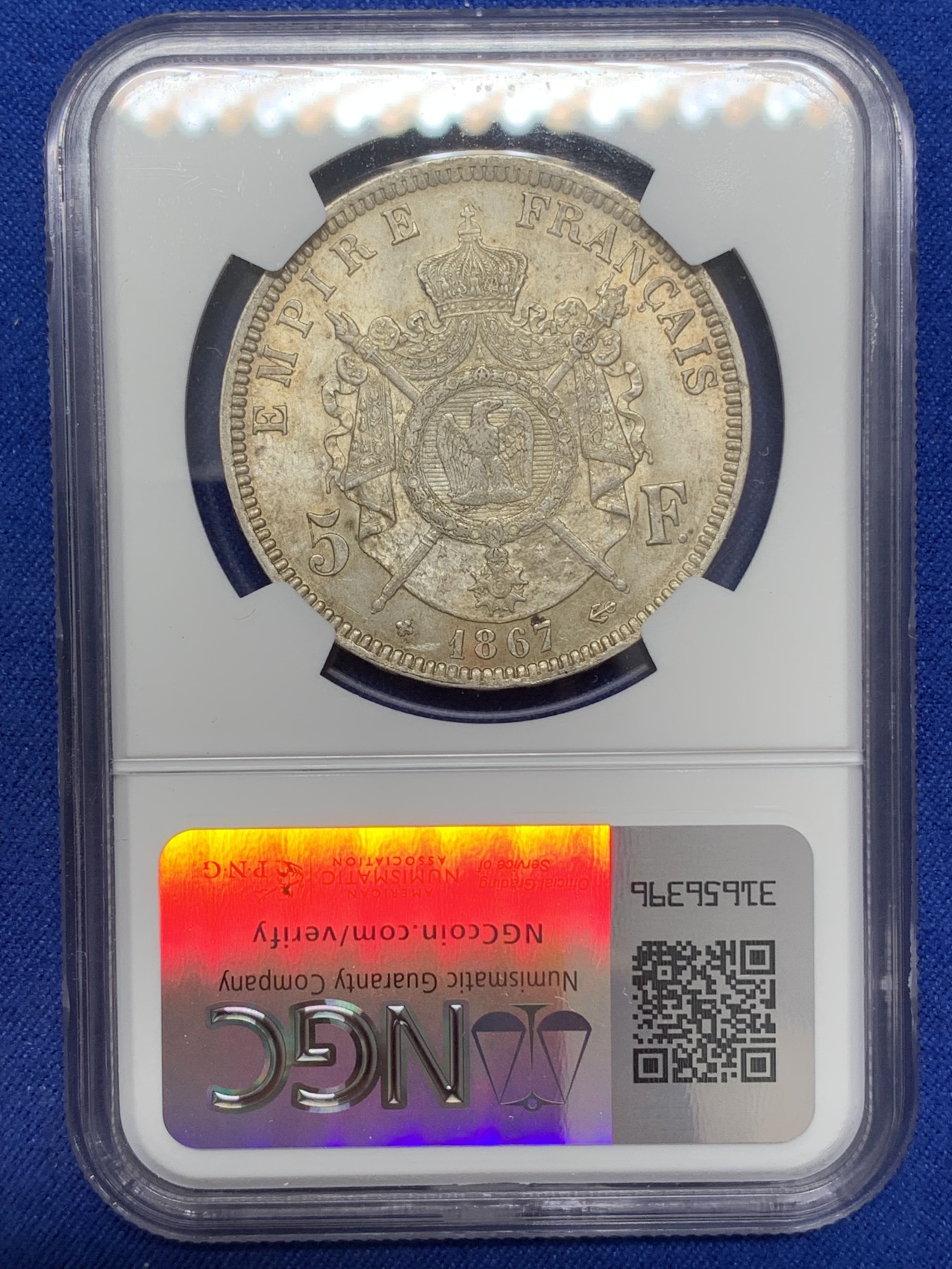 《竞宝斋》第215场-周日，周一 2场 (全场包邮) NGC-MS62 法国1867年BB版拿破仑三世 5法郎银币