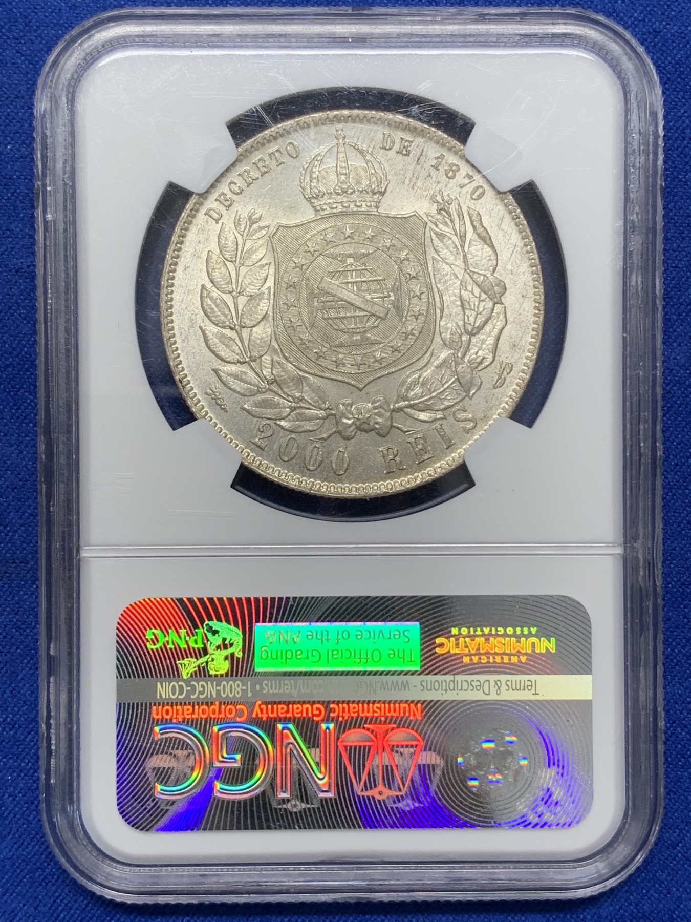 《竞宝斋》第215场-周日，周一 2场 (全场包邮) NGC-MS64 巴西 1888年2000瑞尔 佩德罗二世 大胡子银币 淡黄包浆 MS-64稀有高分一步到位 南美热点品种