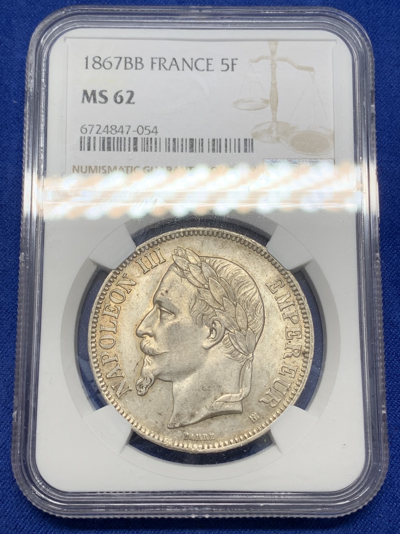 《竞宝斋》第215场-周日，周一 2场 (全场包邮) NGC-MS62 法国1867年BB版拿破仑三世 5法郎银币