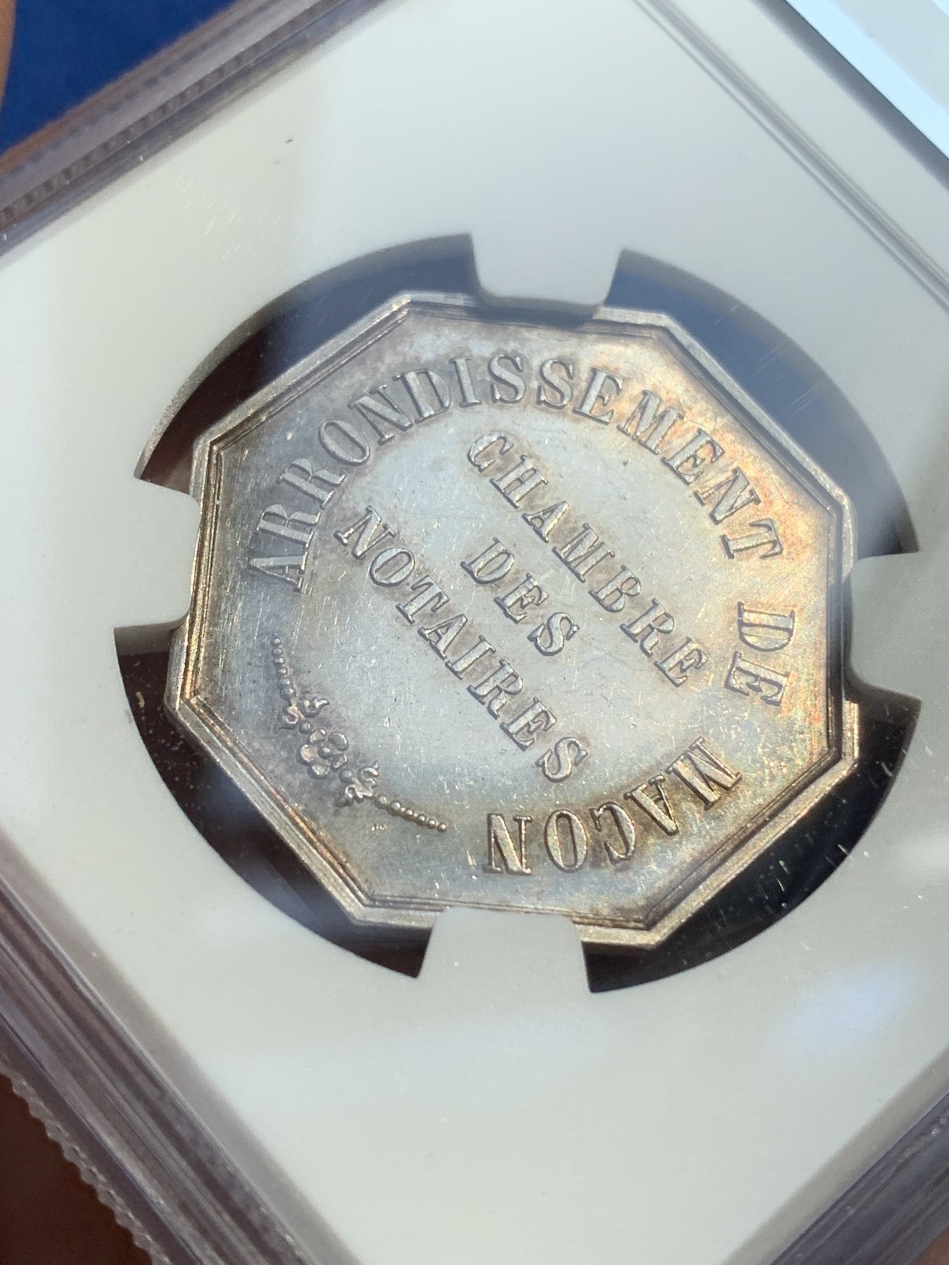 《竞宝斋》第215场-周日，周一 2场 (全场包邮) NGC MS62 法国八角银质代币 马康公证处 细节不错