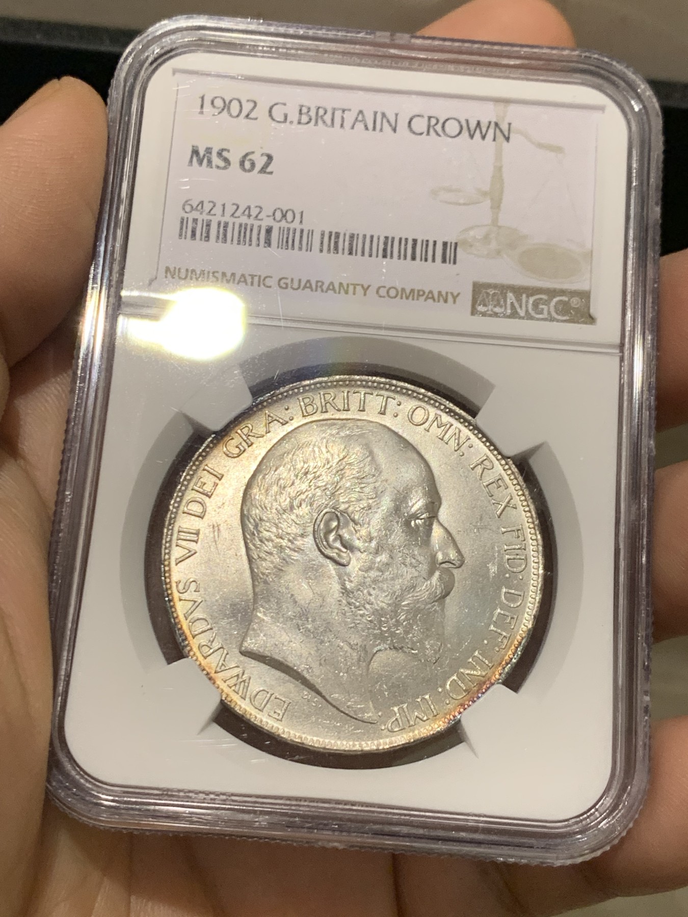 《竞宝斋》第215场-周日，周一 2场 (全场包邮) NGC-MS62 英国 1902年 爱德华七世 马剑克朗 银币 整体银光闪烁 带点包浆 非常好