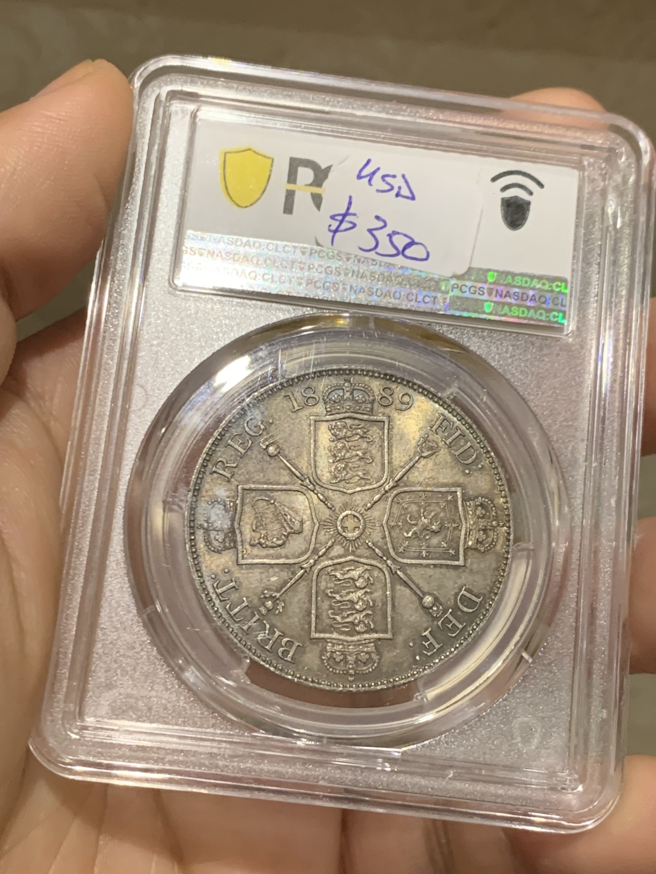 《竞宝斋》第215场-周日，周一 2场 (全场包邮) PCGS MS63 英国 维多利亚 1889年 双弗洛林 少见年份 五彩