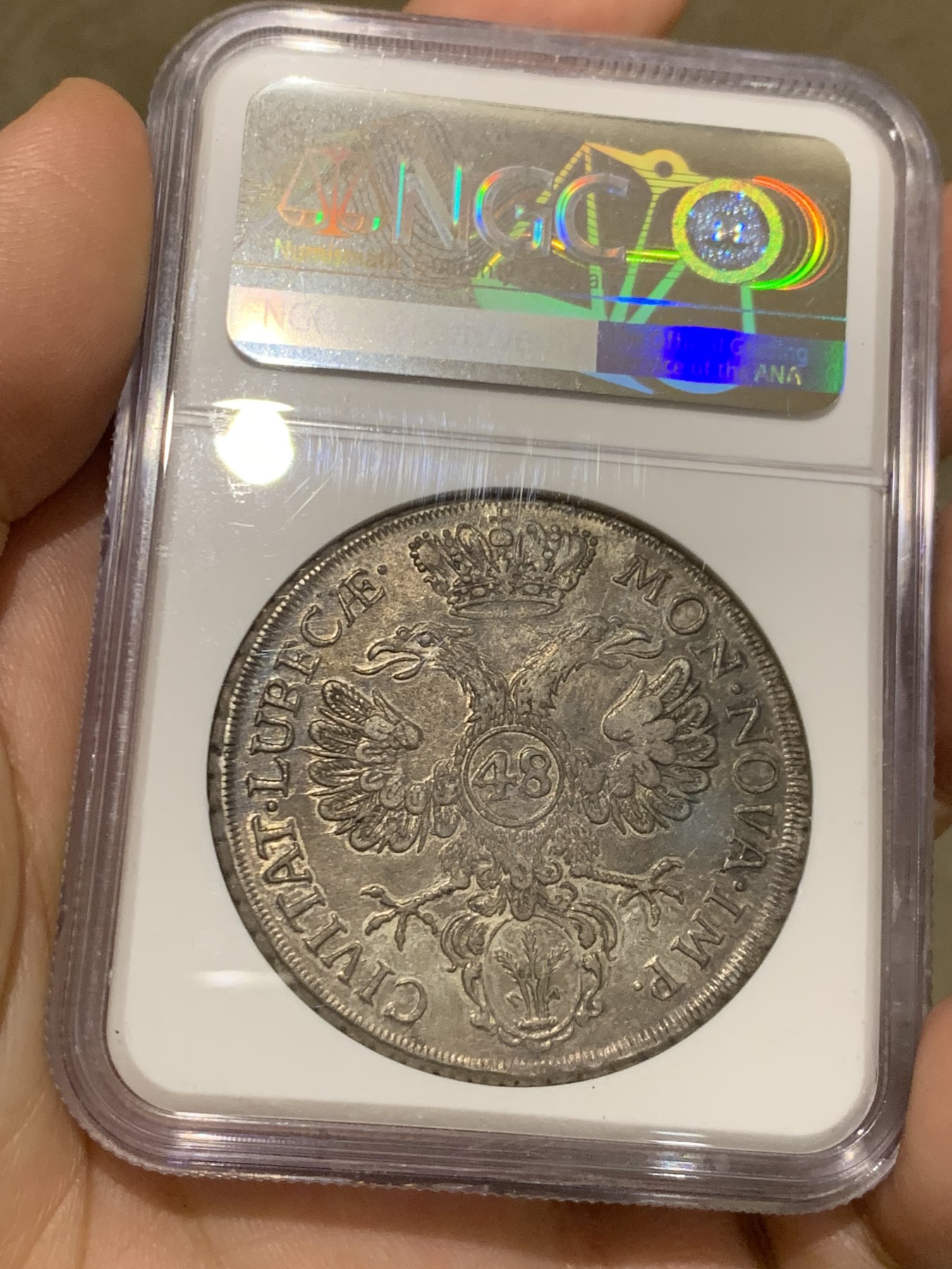 《竞宝斋》第215场-周日，周一 2场 (全场包邮) 唯一冠军分！NGC-AU58 德国 1752年吕贝克帝国自由市 48先令银币 底板带光 味道十足