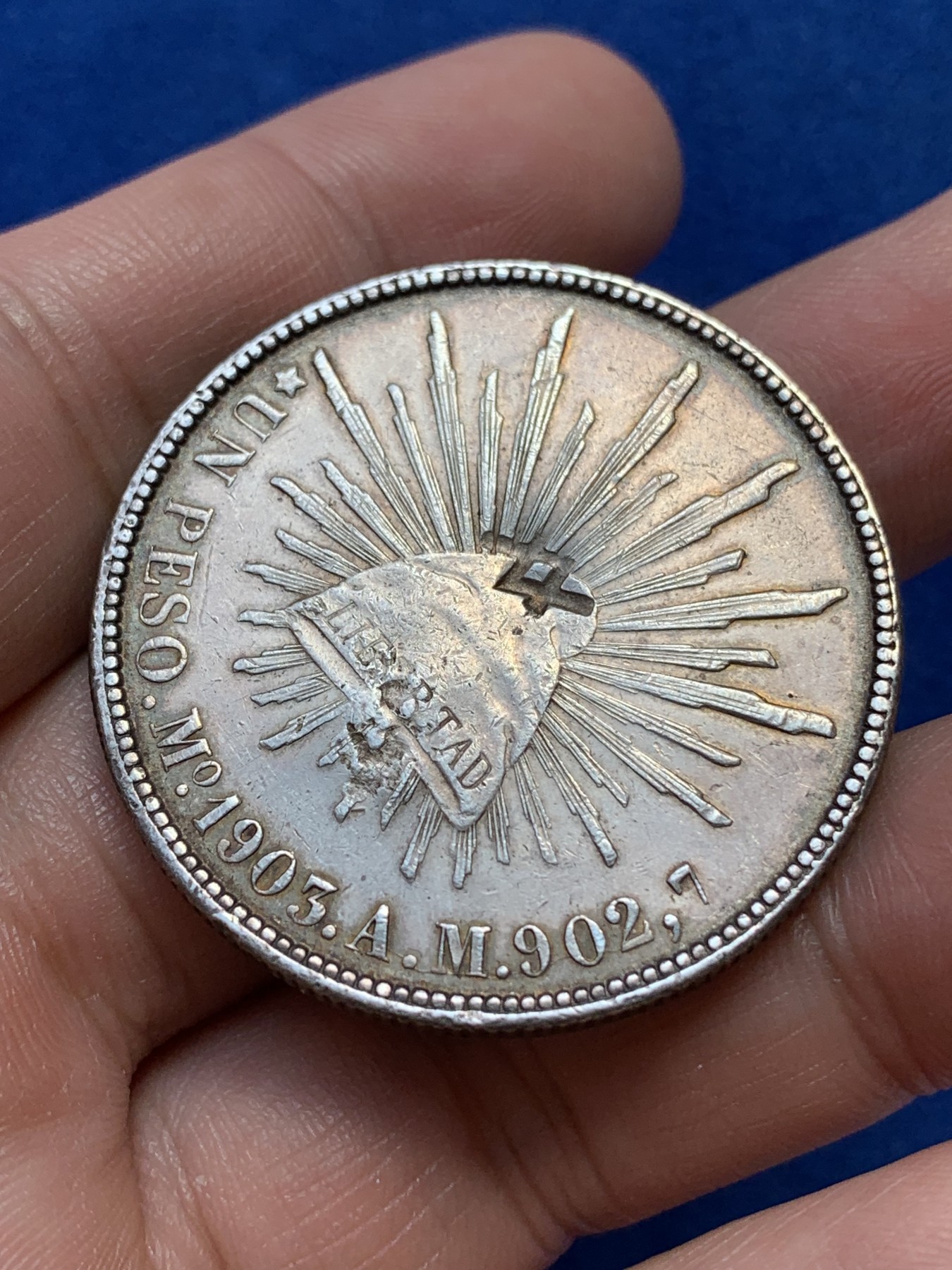 《竞宝斋》第215场-周日，周一 2场 (全场包邮) 墨西哥 1903 1比索 直边鹰洋 大银币 带戳 细节见图